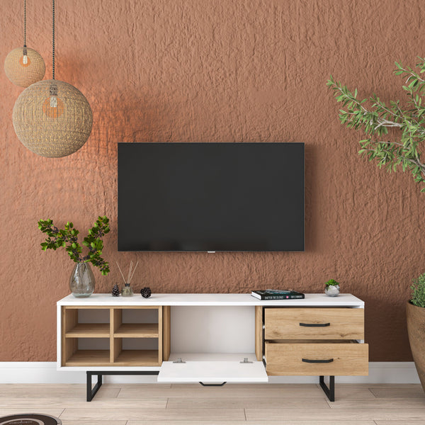 Rani AA134 Tv Ünitesi 2 Çekmeceli Açık Raflı 150 Cm Tv Sehpası Beyaz - Sepet Ceviz
