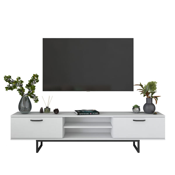 Rani AA137 Tv Ünitesi Metal Ayaklı Raflı Tv Sehpası 180 cm Beyaz