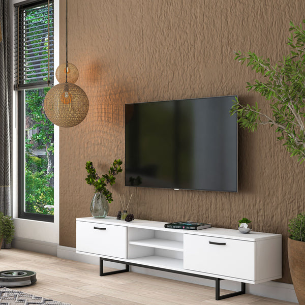 Rani AA137 Tv Ünitesi Metal Ayaklı Raflı Tv Sehpası 180 cm Beyaz