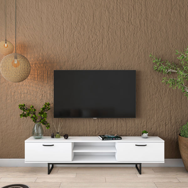 Rani AA137 Tv Ünitesi Metal Ayaklı Raflı Tv Sehpası 180 cm Beyaz