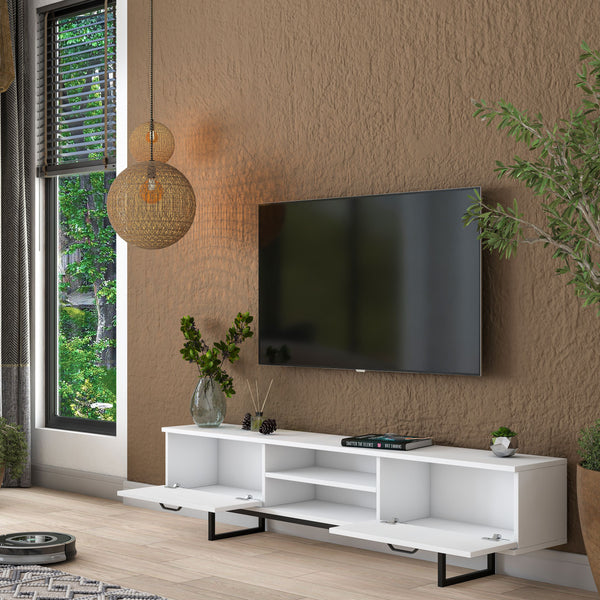 Rani AA137 Tv Ünitesi Metal Ayaklı Raflı Tv Sehpası 180 cm Beyaz