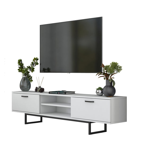 Rani AA137 Tv Ünitesi Metal Ayaklı Raflı Tv Sehpası 180 cm Beyaz