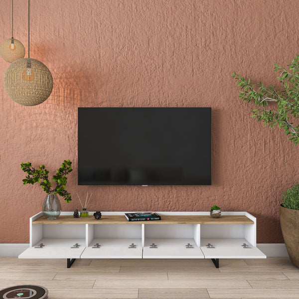 Rani AA139 Tv Ünitesi Düşer Kapaklı Metal Ayaklı Tv Sehpası 180 Cm Beyaz - Sepet Ceviz