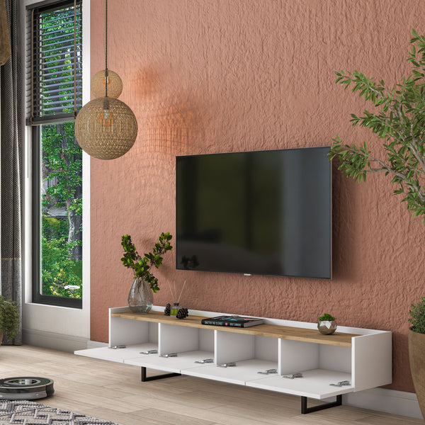 Rani AA139 Tv Ünitesi Düşer Kapaklı Metal Ayaklı Tv Sehpası 180 Cm Beyaz - Sepet Ceviz