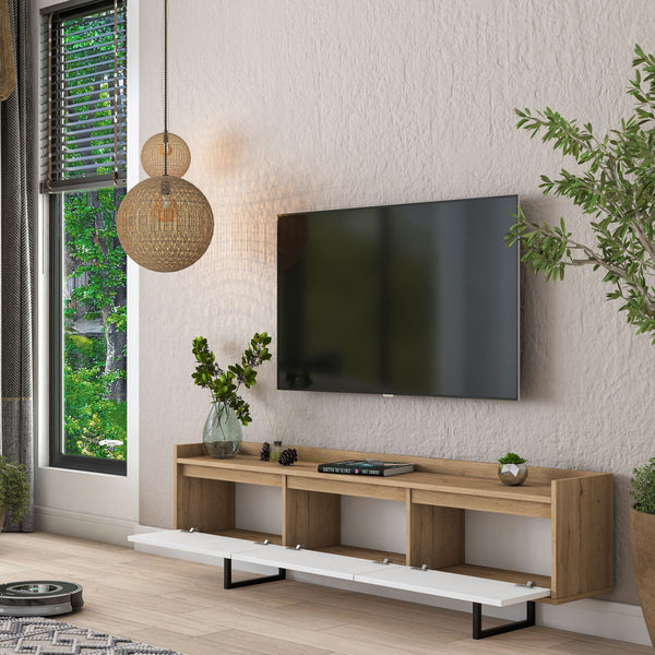 Rani AA141 Tv Ünitesi Düşer Kapaklı Metal Ayaklı Tv Sehpası 180 Cm Sepet Ceviz - Beyaz