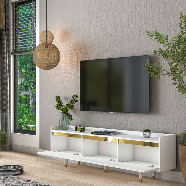 Rani AA149 Tv Ünitesi Düşer Kapaklı Gold Aynalı Çıtalı Tv Sehpası 180 Cm Beyaz