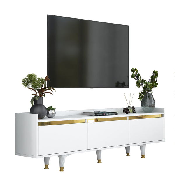 Rani AA149 Tv Ünitesi Düşer Kapaklı Gold Aynalı Çıtalı Tv Sehpası 180 Cm Beyaz