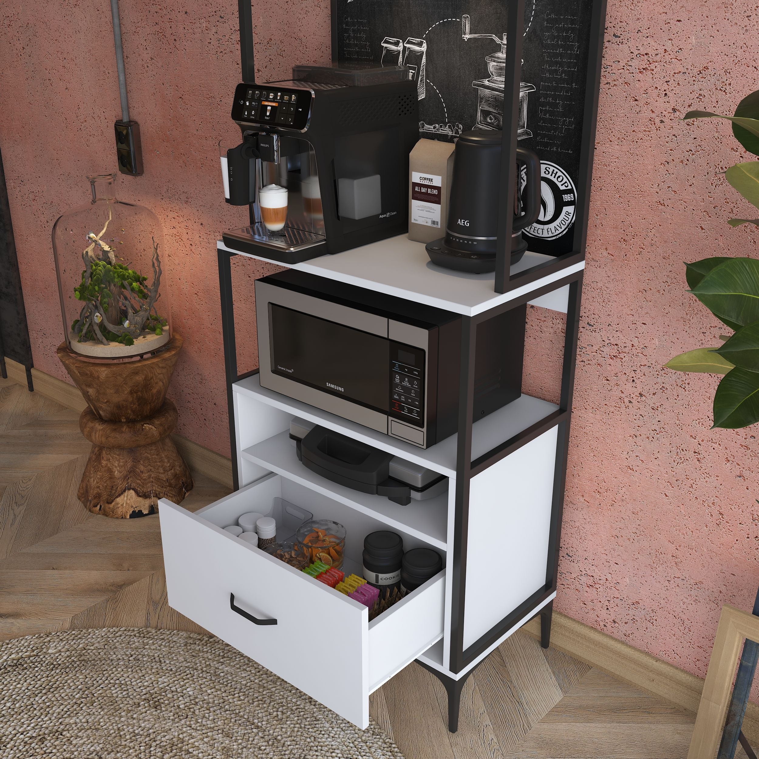 Rani JE155 Işıklı Kahve Köşesi Çekmeceli Çok Amaçlı Mutfak Dolabı Beya