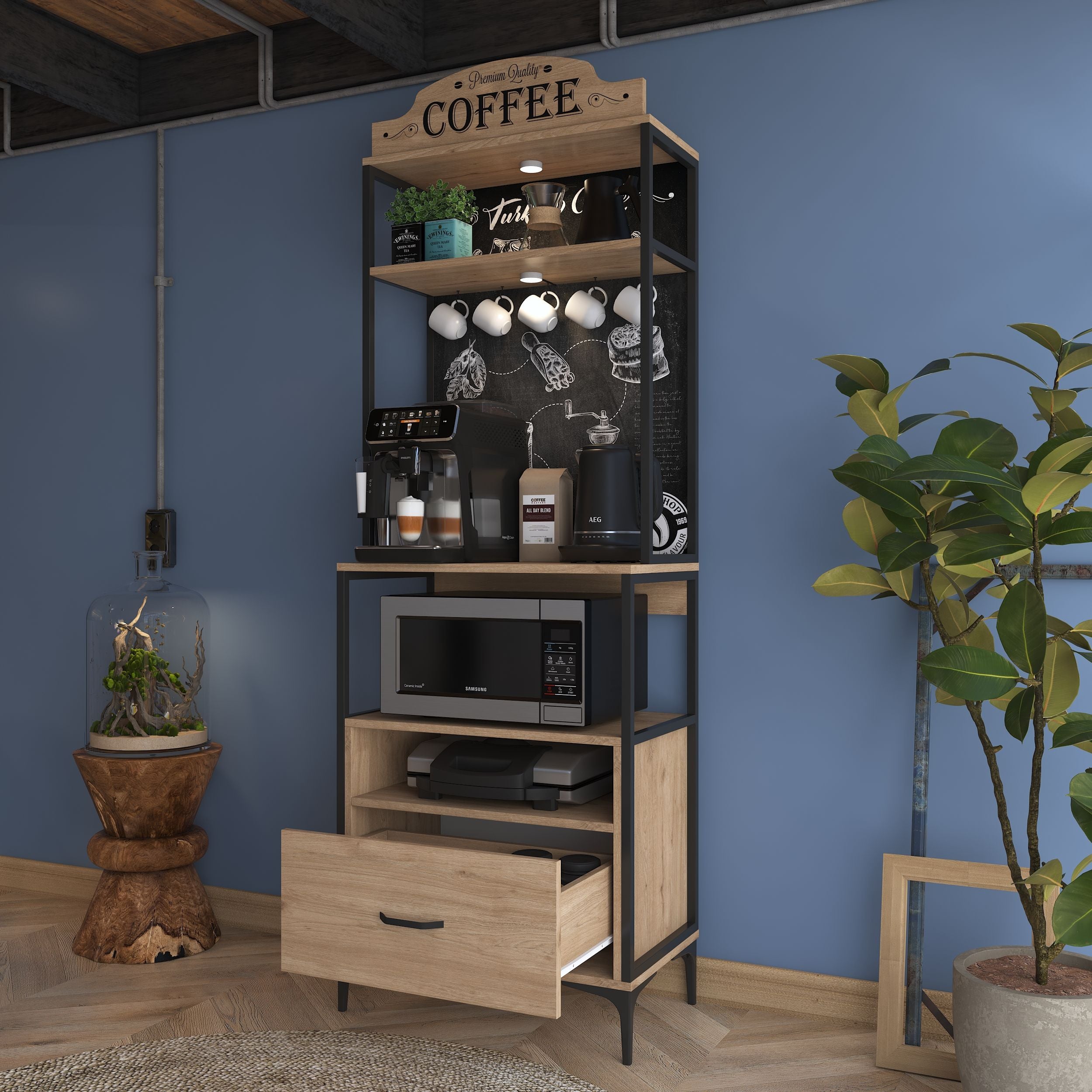 Rani JE154 Işıklı Kahve Köşesi Çekmeceli Çok Amaçlı Mutfak Dolabı Sepe