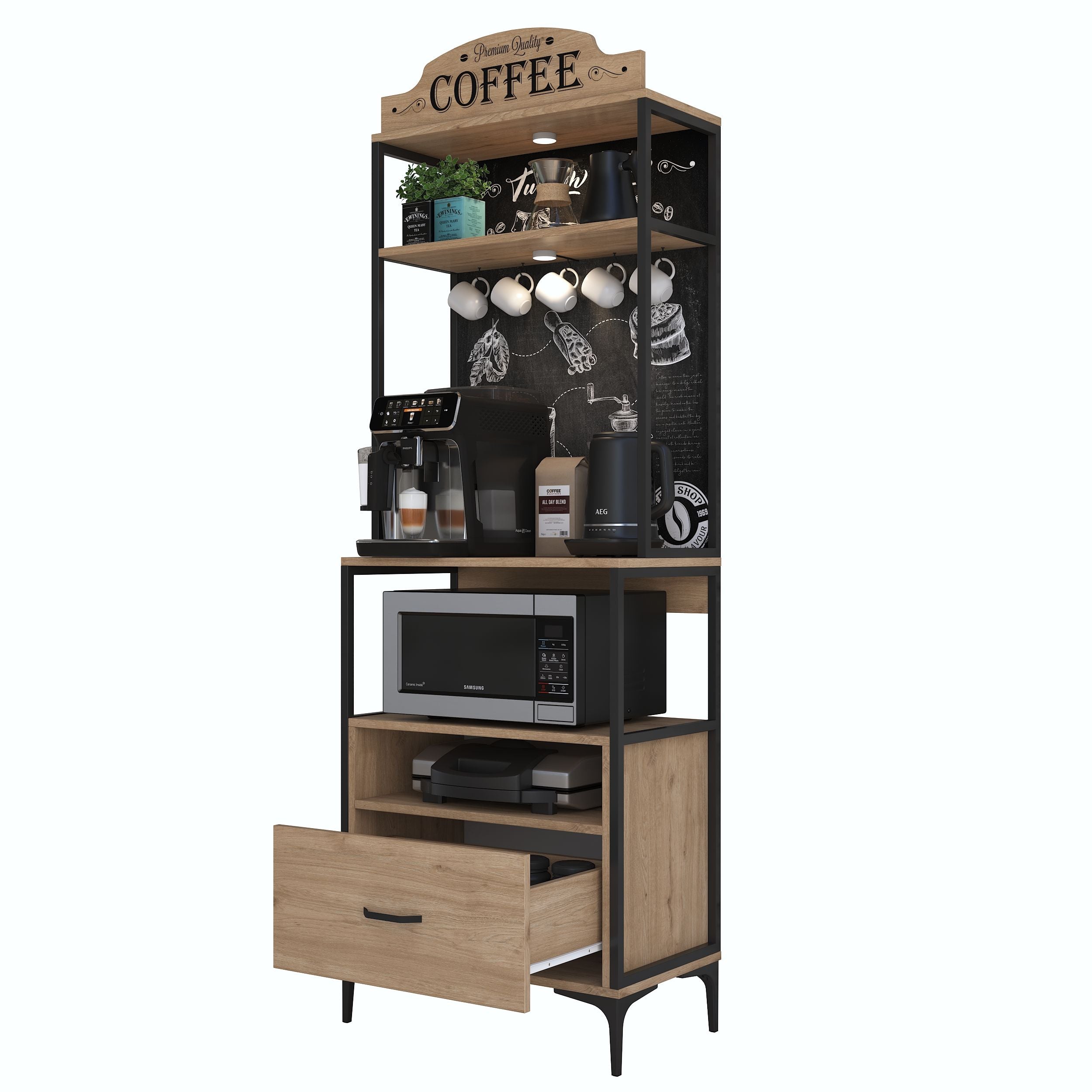 Rani JE154 Işıklı Kahve Köşesi Çekmeceli Çok Amaçlı Mutfak Dolabı Sepe