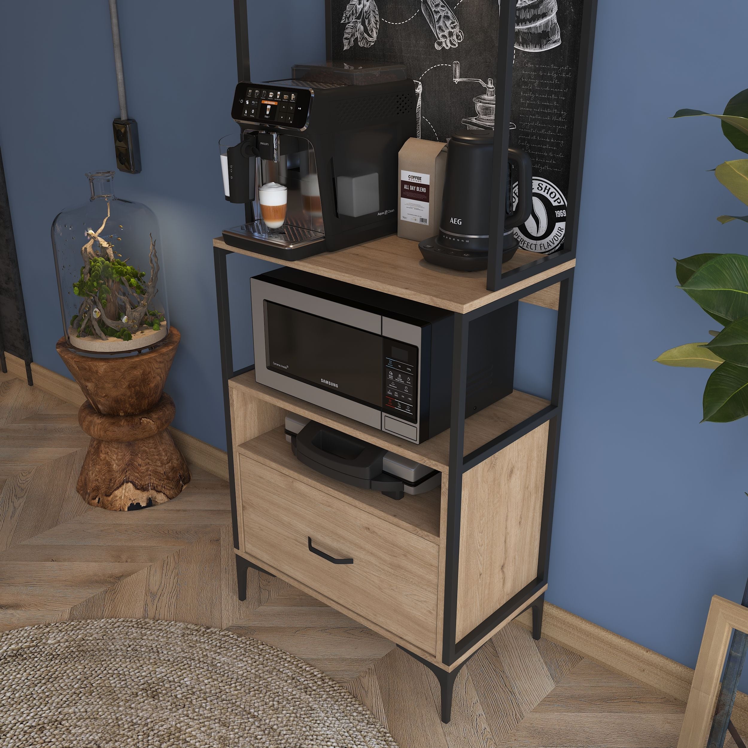 Rani JE154 Işıklı Kahve Köşesi Çekmeceli Çok Amaçlı Mutfak Dolabı Sepe