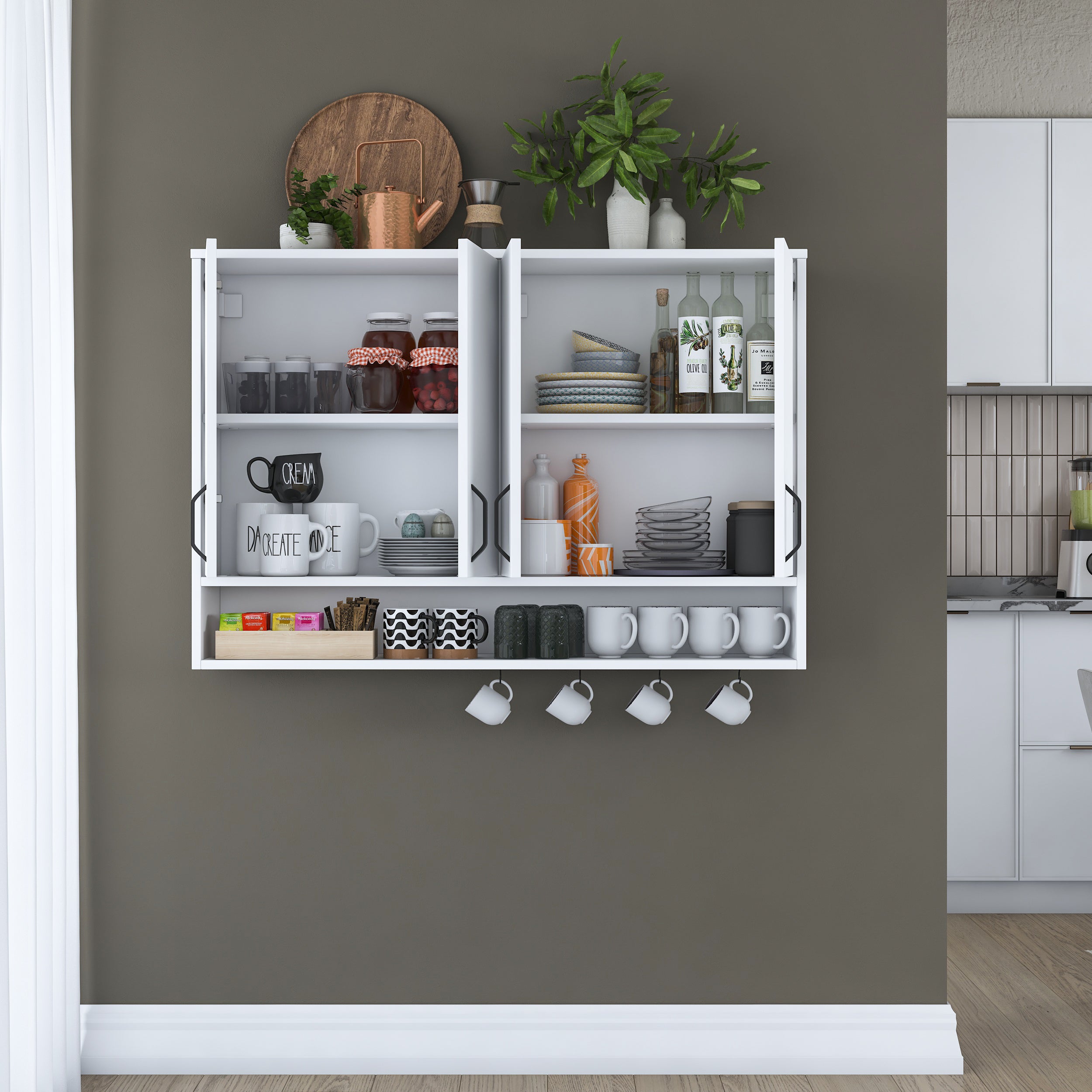 まSサイズ Rani JE199 Kahve Köşesi Çok Amaçlı Dolap Üst Modül Mutfak Rafı Beyaz