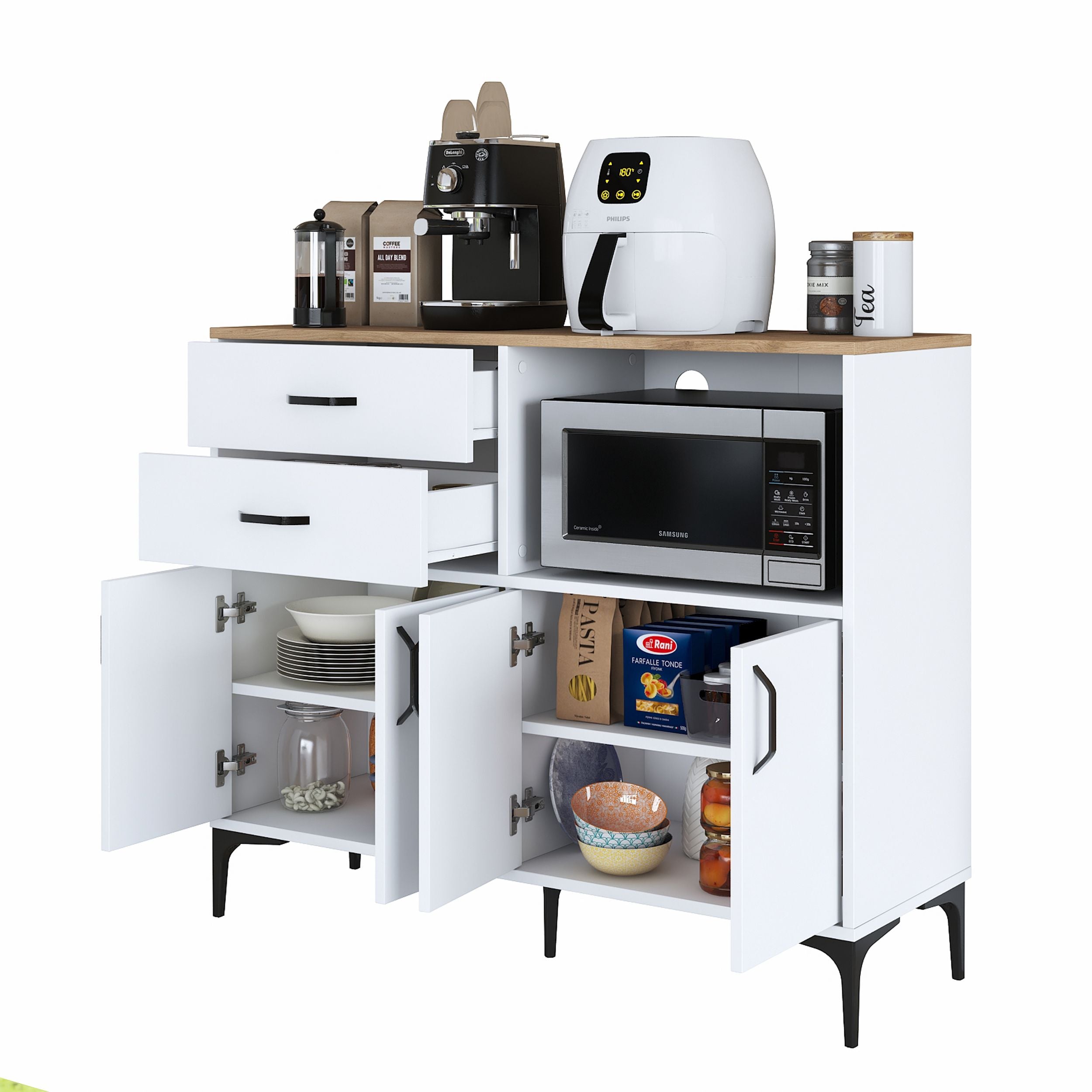 Rani JE166 Kahve Köşesi Çok Amaçlı Dolap 4 Kapaklı 2 Çekmeceli Kiler M