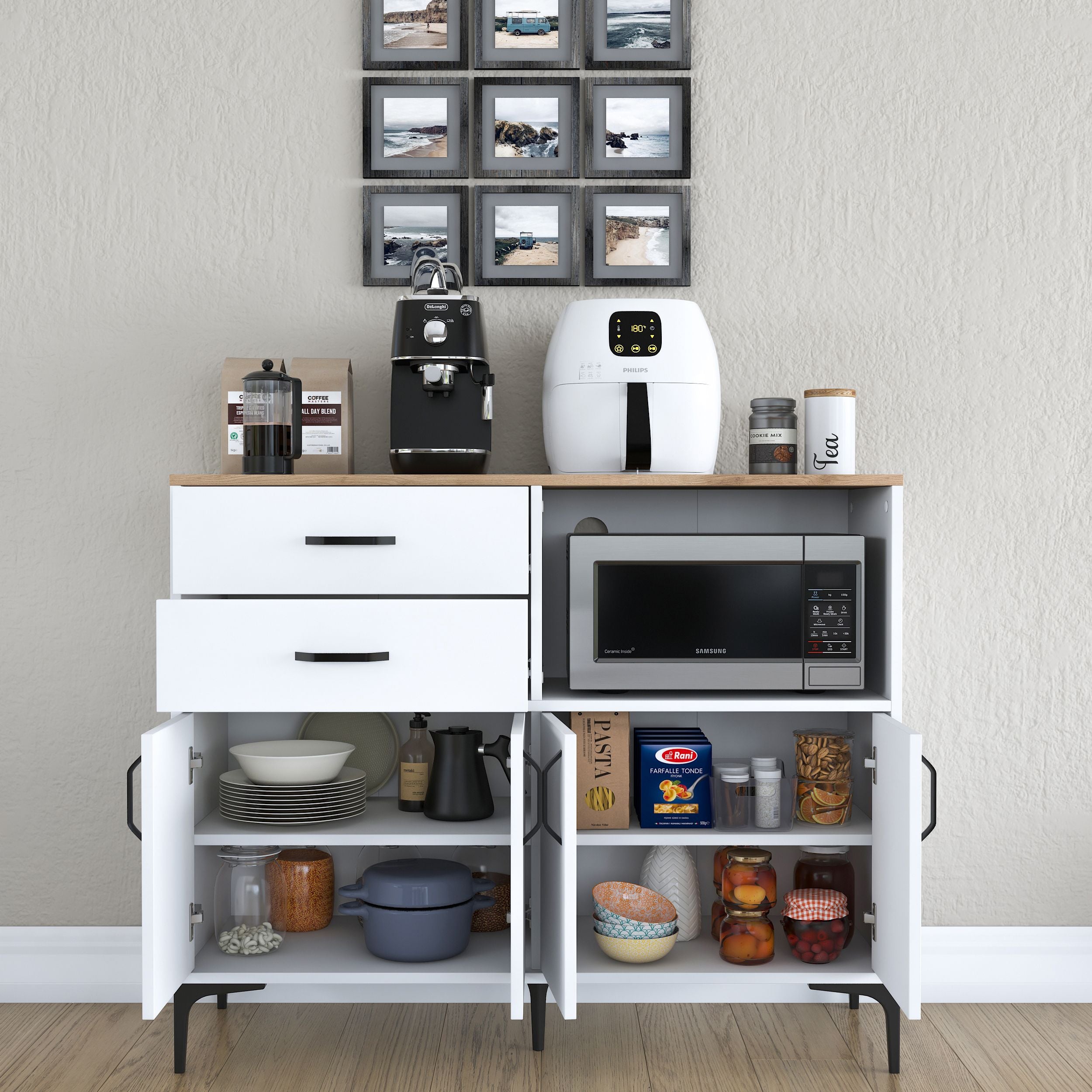 Rani JE166 Kahve Köşesi Çok Amaçlı Dolap 4 Kapaklı 2 Çekmeceli Kiler M