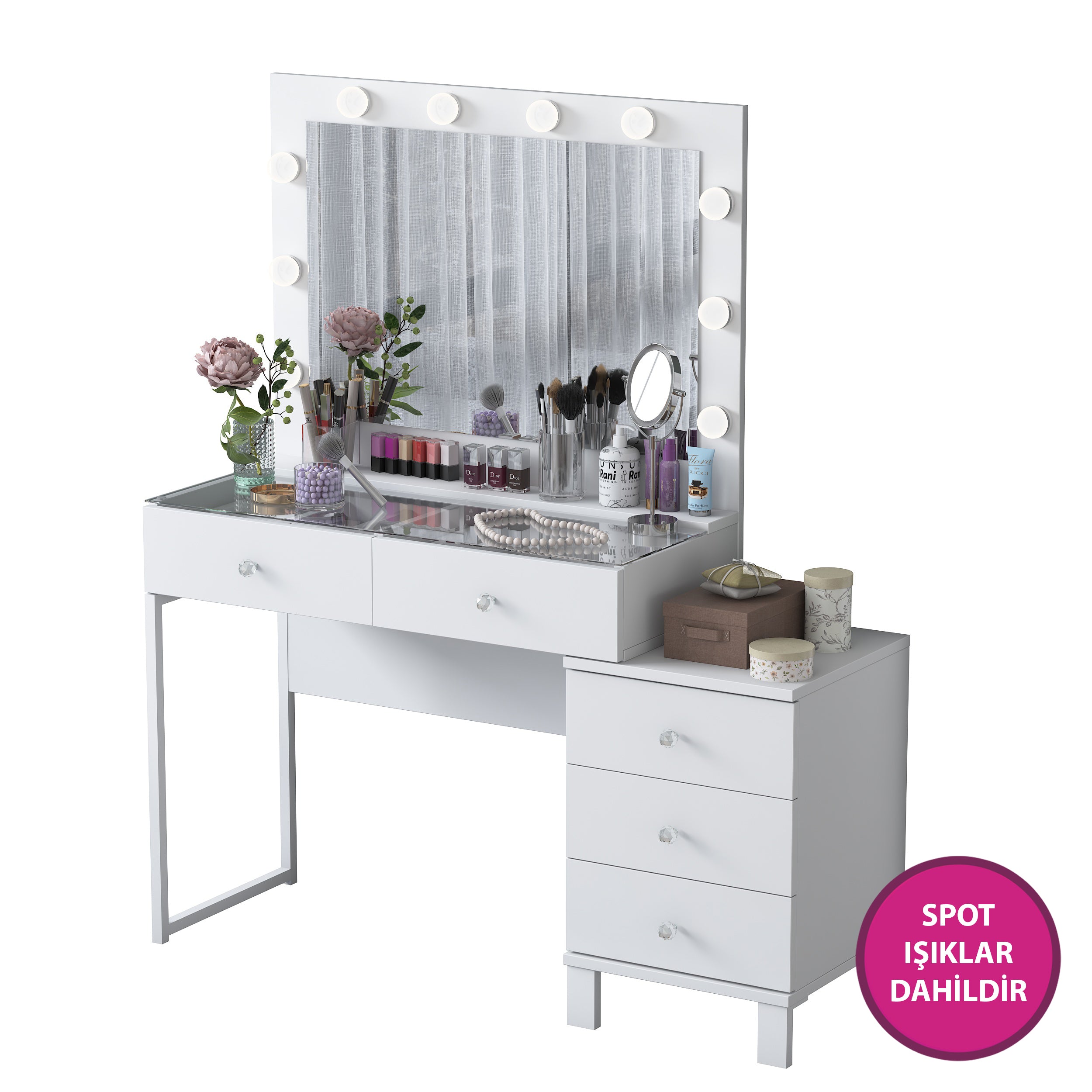 Rani BJ150 Hollywood Işıklı Aynalı Kulis Makyaj Masası Cam Tablalı 5 Çekmeceli Takı Düzenleyici Beyaz
