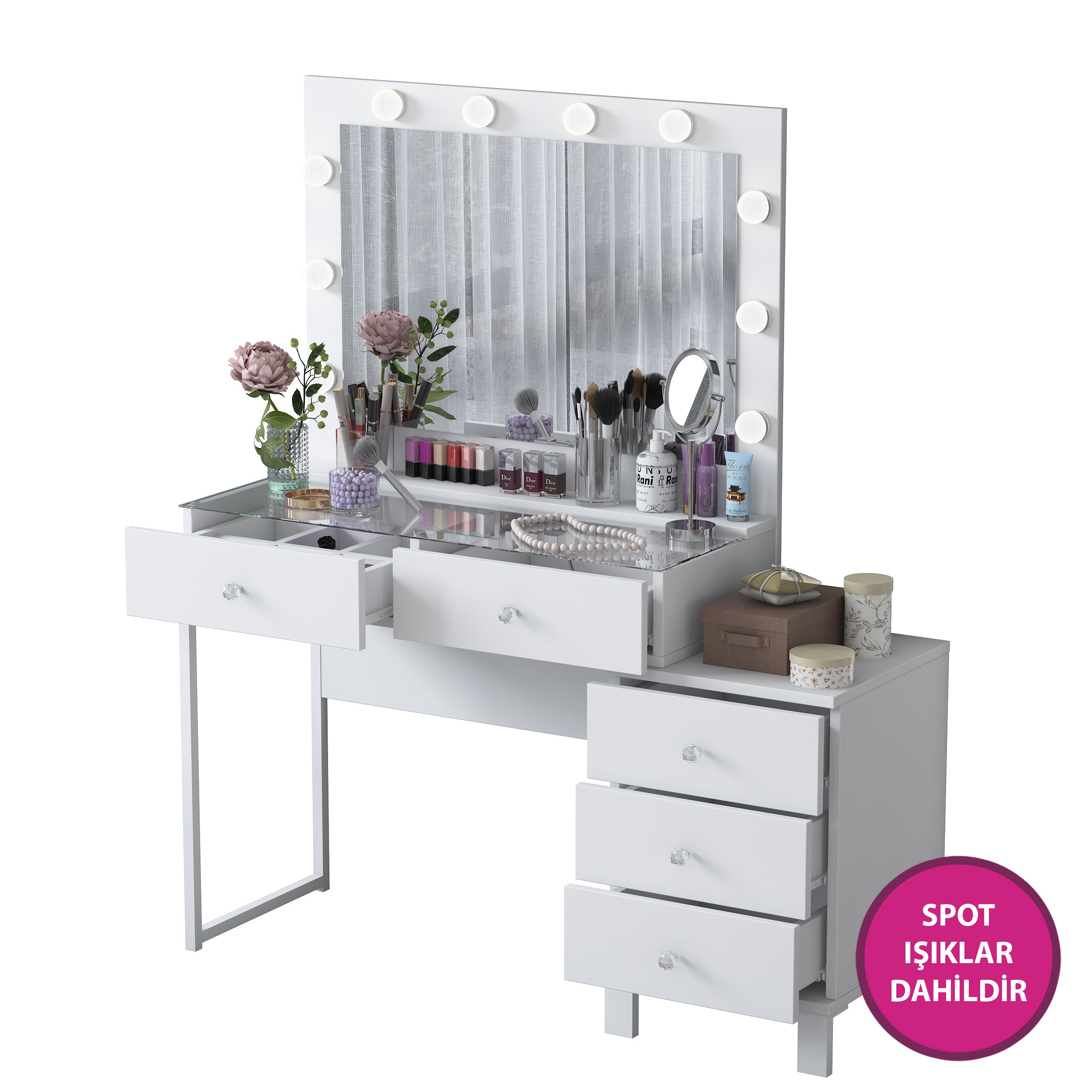 Rani BJ150 Hollywood Işıklı Aynalı Kulis Makyaj Masası Cam Tablalı 5 Çekmeceli Takı Düzenleyici Beyaz