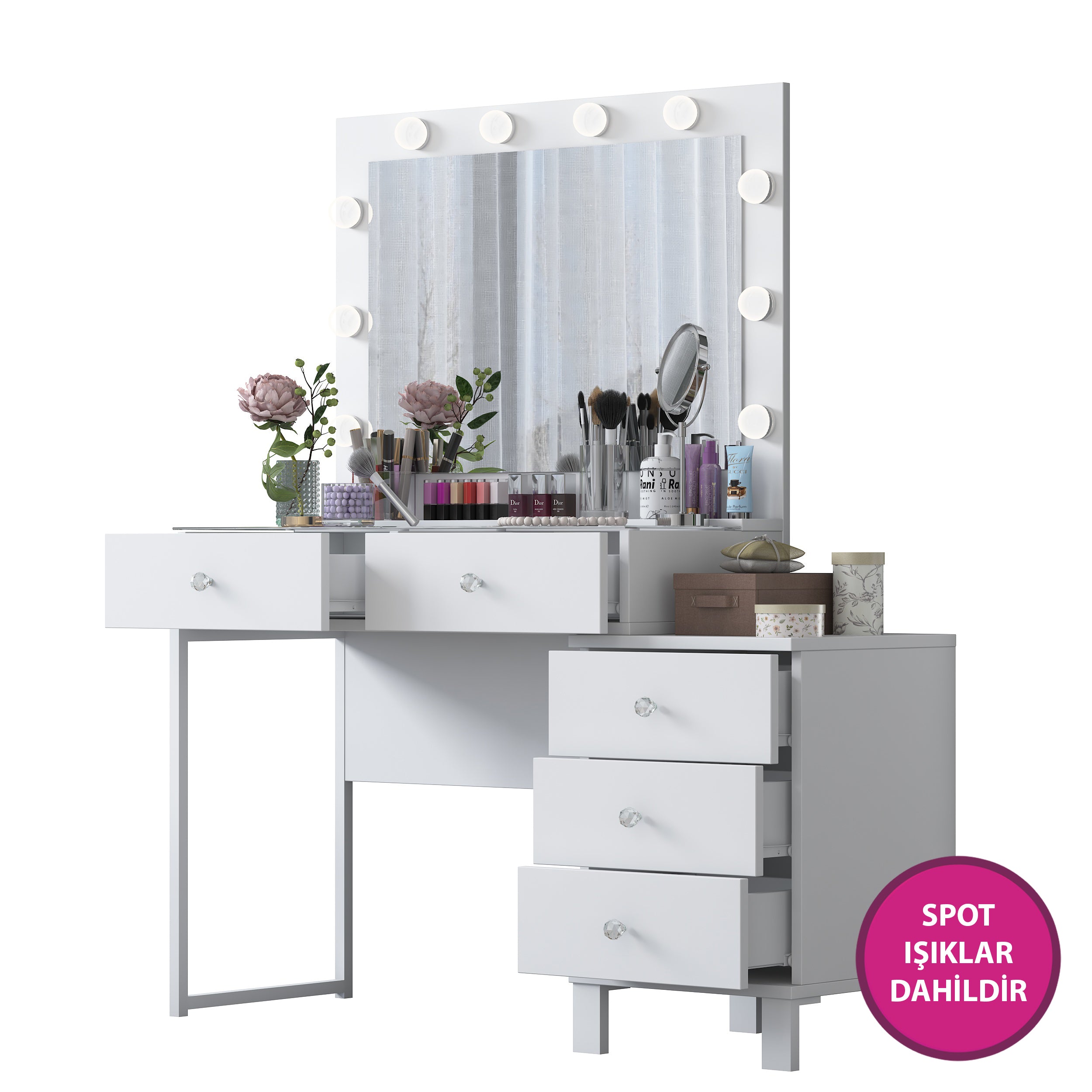 Rani BJ150 Hollywood Işıklı Aynalı Kulis Makyaj Masası Cam Tablalı 5 Çekmeceli Takı Düzenleyici Beyaz