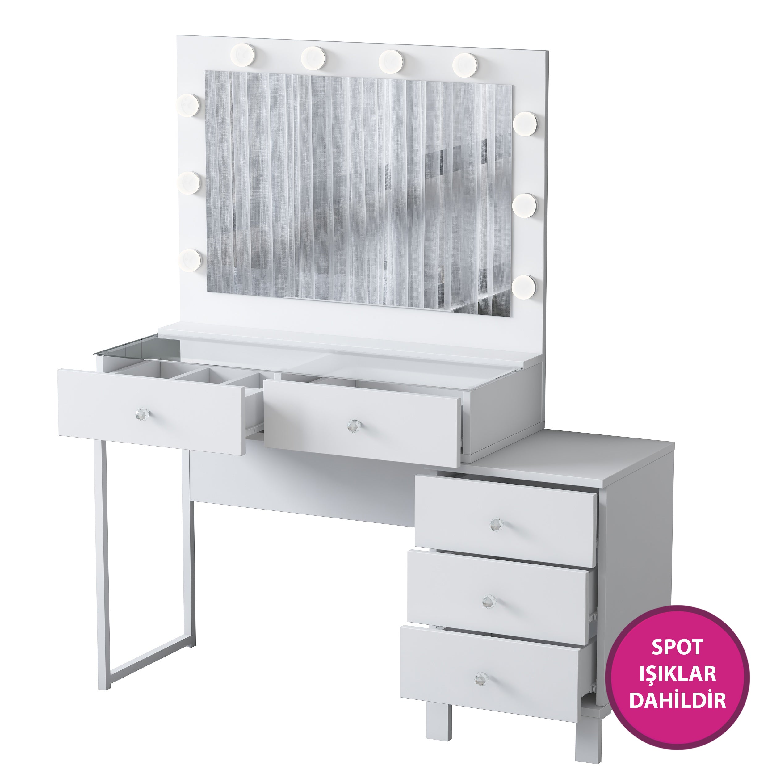 Rani BJ150 Hollywood Işıklı Aynalı Kulis Makyaj Masası Cam Tablalı 5 Çekmeceli Takı Düzenleyici Beyaz