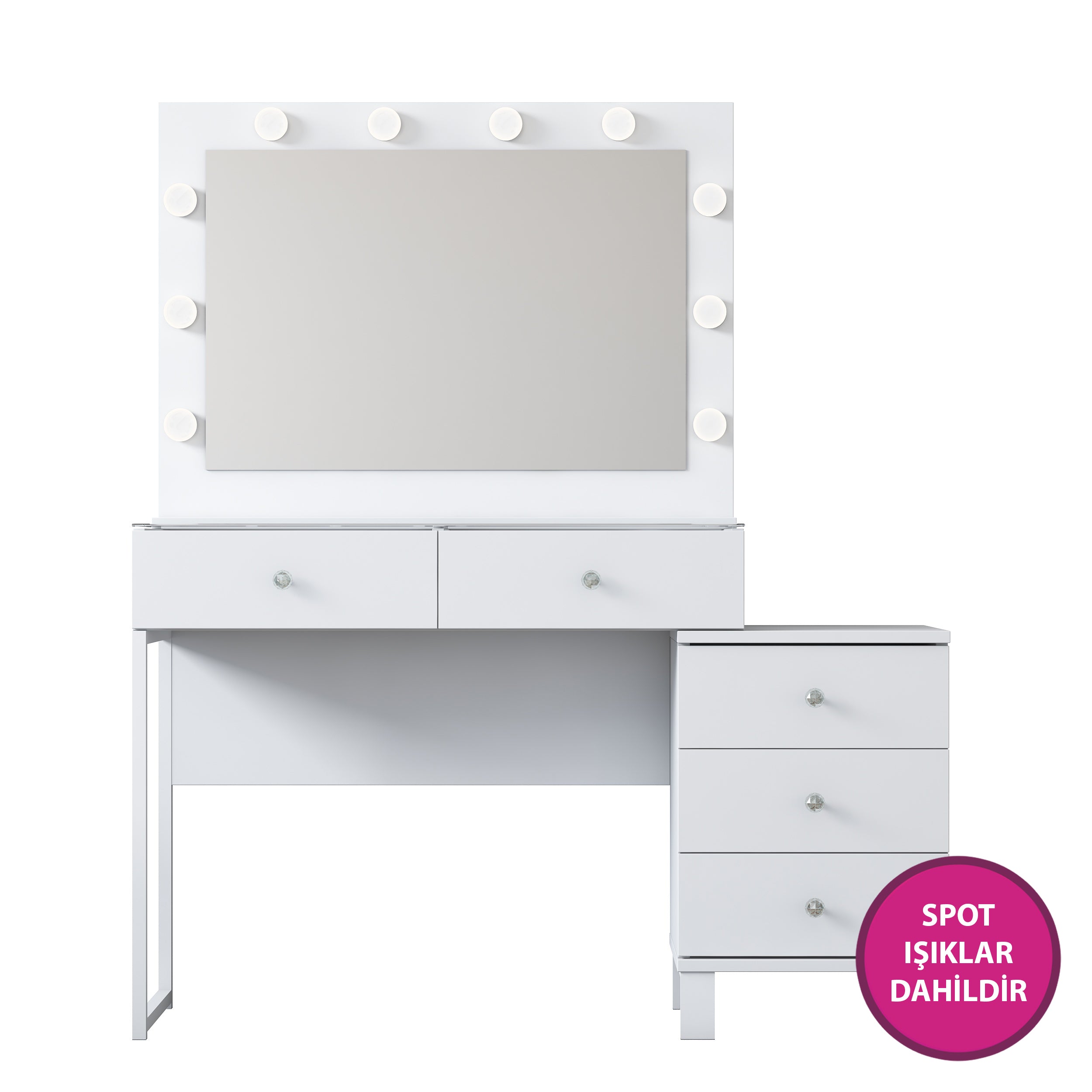 Rani BJ150 Hollywood Işıklı Aynalı Kulis Makyaj Masası Cam Tablalı 5 Çekmeceli Takı Düzenleyici Beyaz