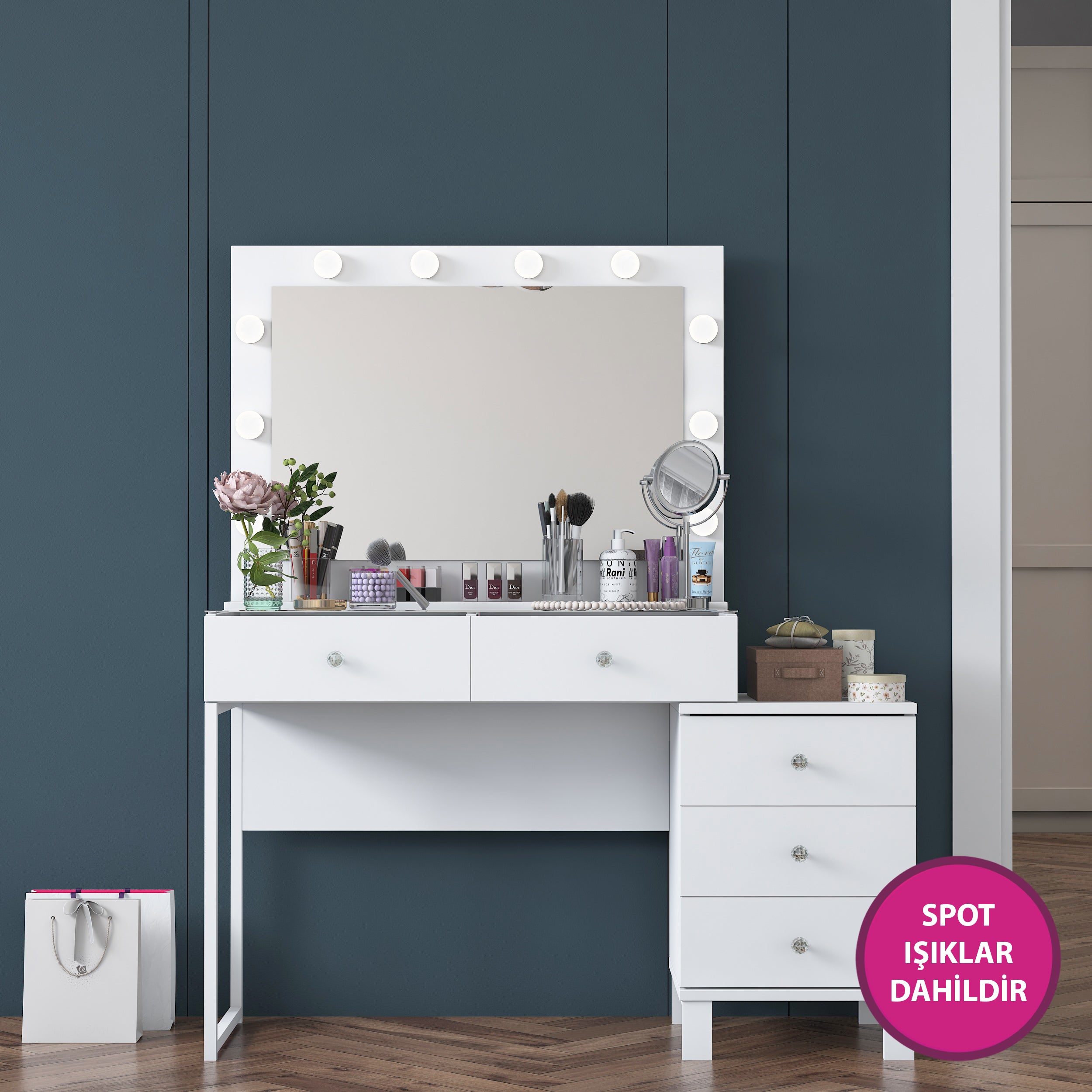 Rani BJ150 Hollywood Işıklı Aynalı Kulis Makyaj Masası Cam Tablalı 5 Çekmeceli Takı Düzenleyici Beyaz