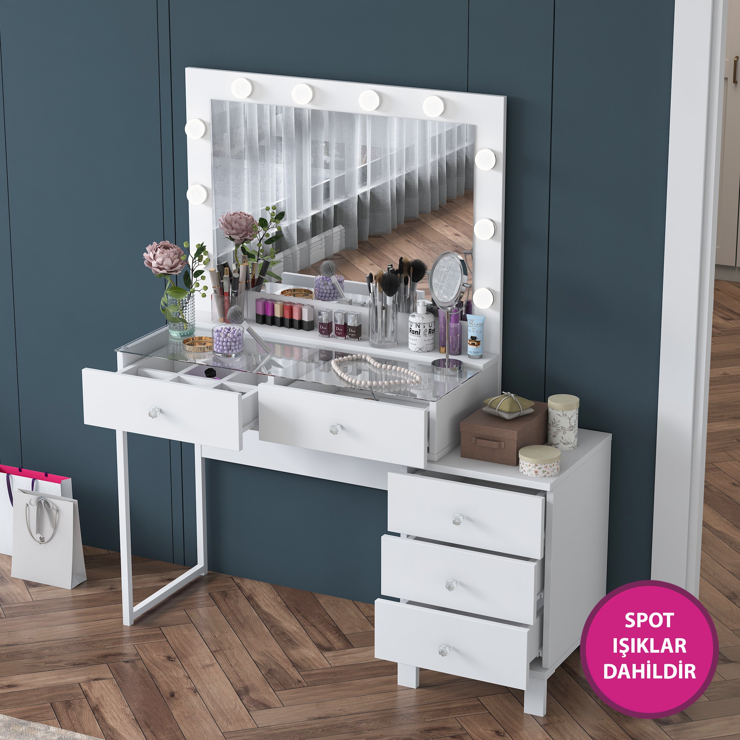 Rani BJ150 Hollywood Işıklı Aynalı Kulis Makyaj Masası Cam Tablalı 5 Çekmeceli Takı Düzenleyici Beyaz