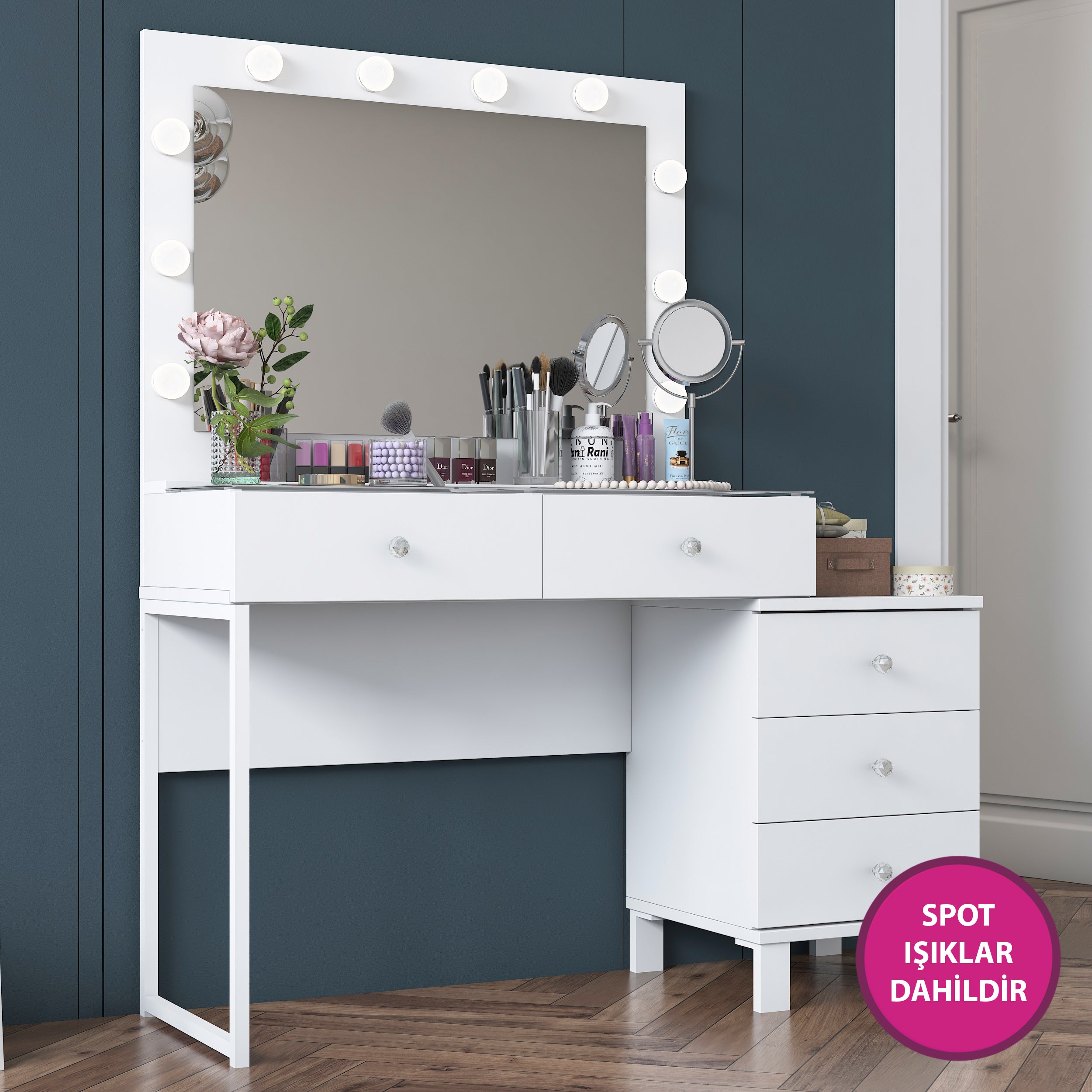 Rani BJ150 Hollywood Işıklı Aynalı Kulis Makyaj Masası Cam Tablalı 5 Çekmeceli Takı Düzenleyici Beyaz