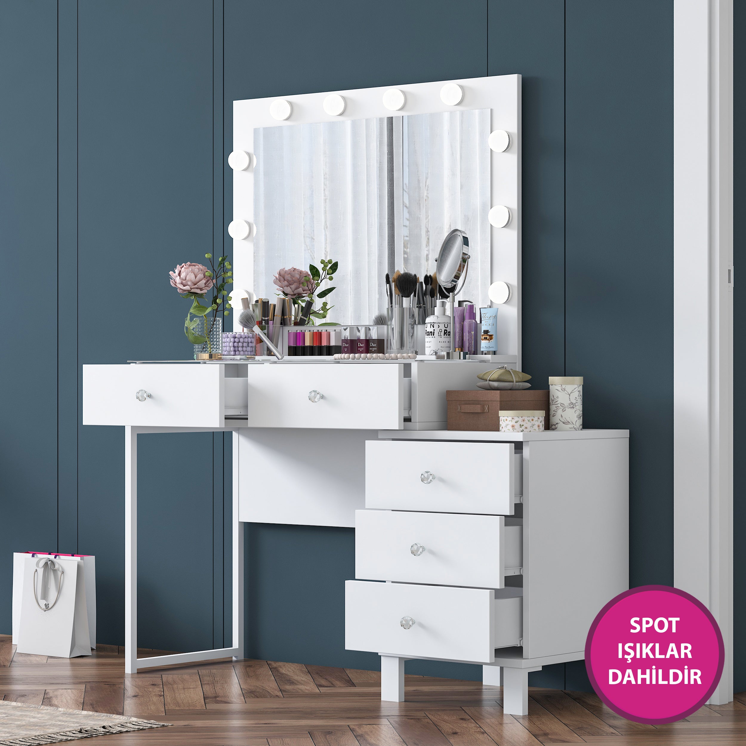 Rani BJ150 Hollywood Işıklı Aynalı Kulis Makyaj Masası Cam Tablalı 5 Çekmeceli Takı Düzenleyici Beyaz