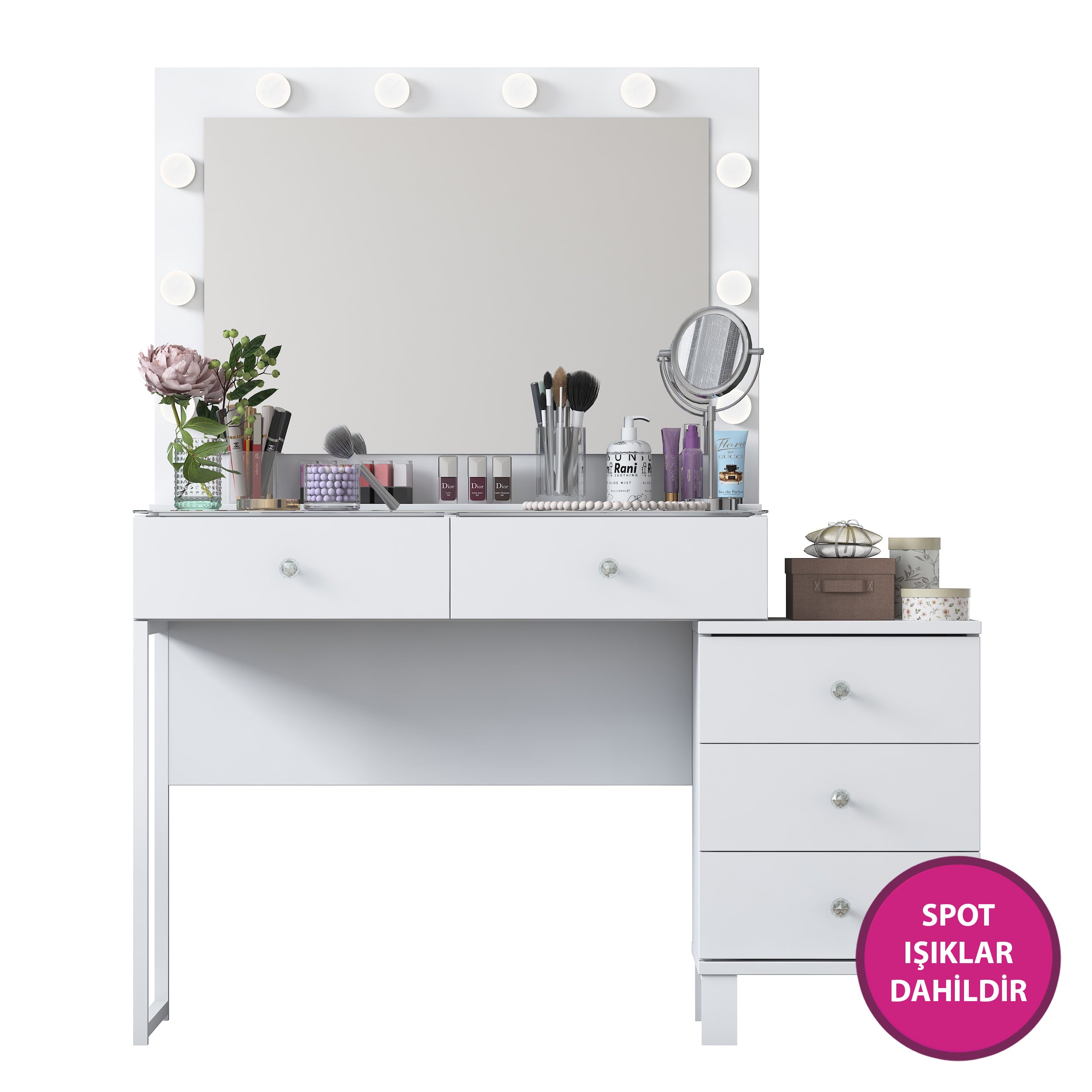 Rani BJ150 Hollywood Işıklı Aynalı Kulis Makyaj Masası Cam Tablalı 5 Çekmeceli Takı Düzenleyici Beyaz