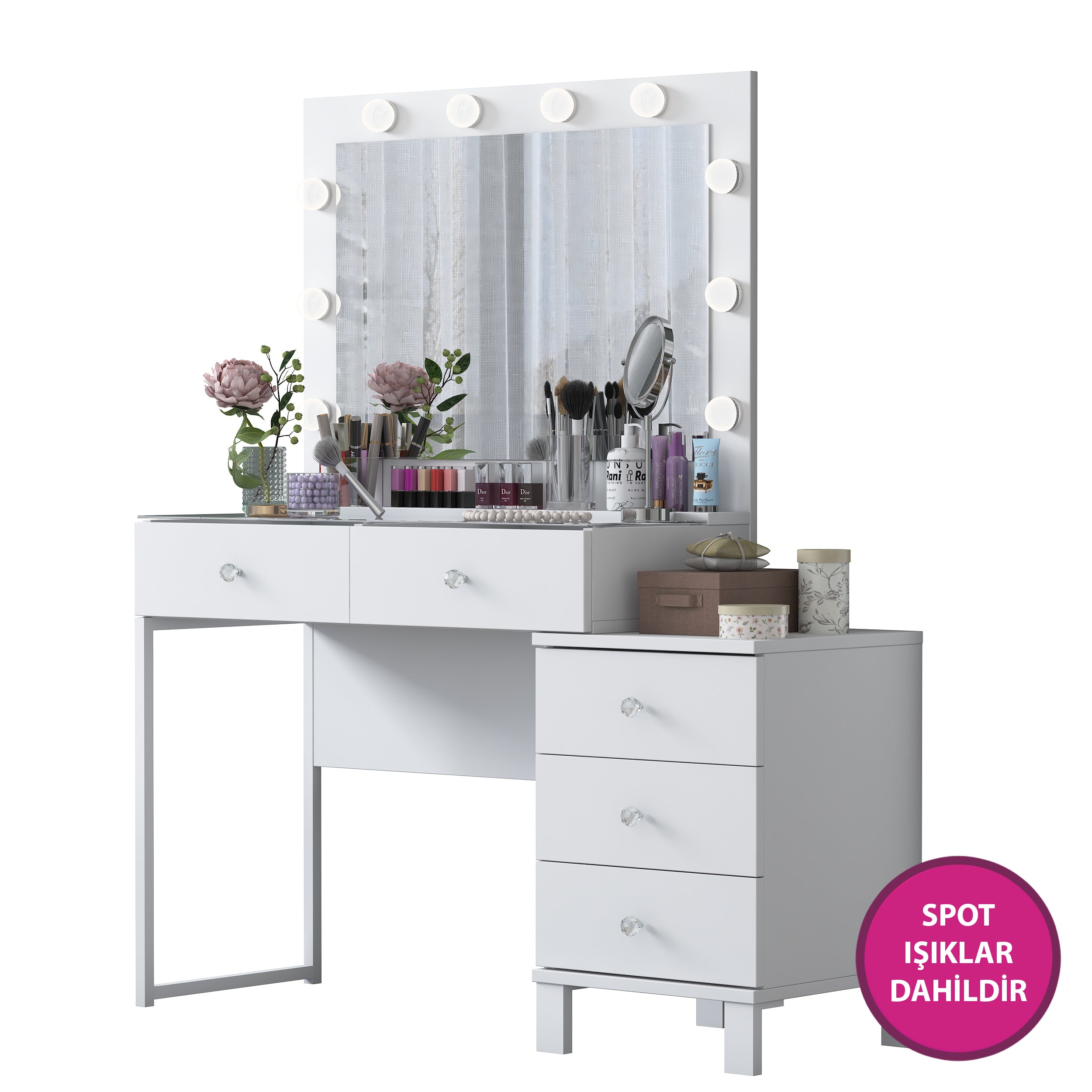 Rani BJ150 Hollywood Işıklı Aynalı Kulis Makyaj Masası Cam Tablalı 5 Çekmeceli Takı Düzenleyici Beyaz