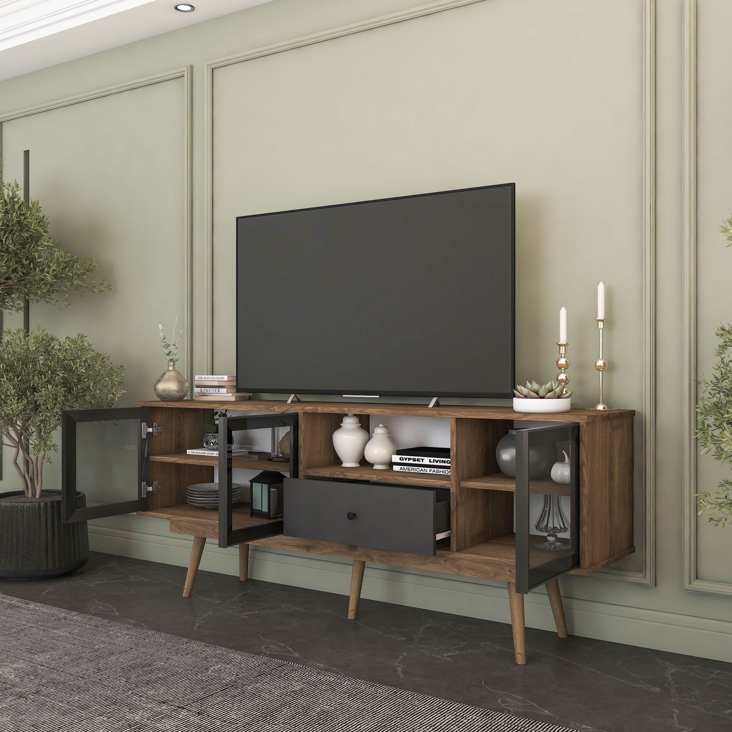 Rani AA159 Modern Ayaklı Çekmeceli  Raflı Füme Cam Kapaklı Tv Ünitesi Hitit Ceviz - Antrasit