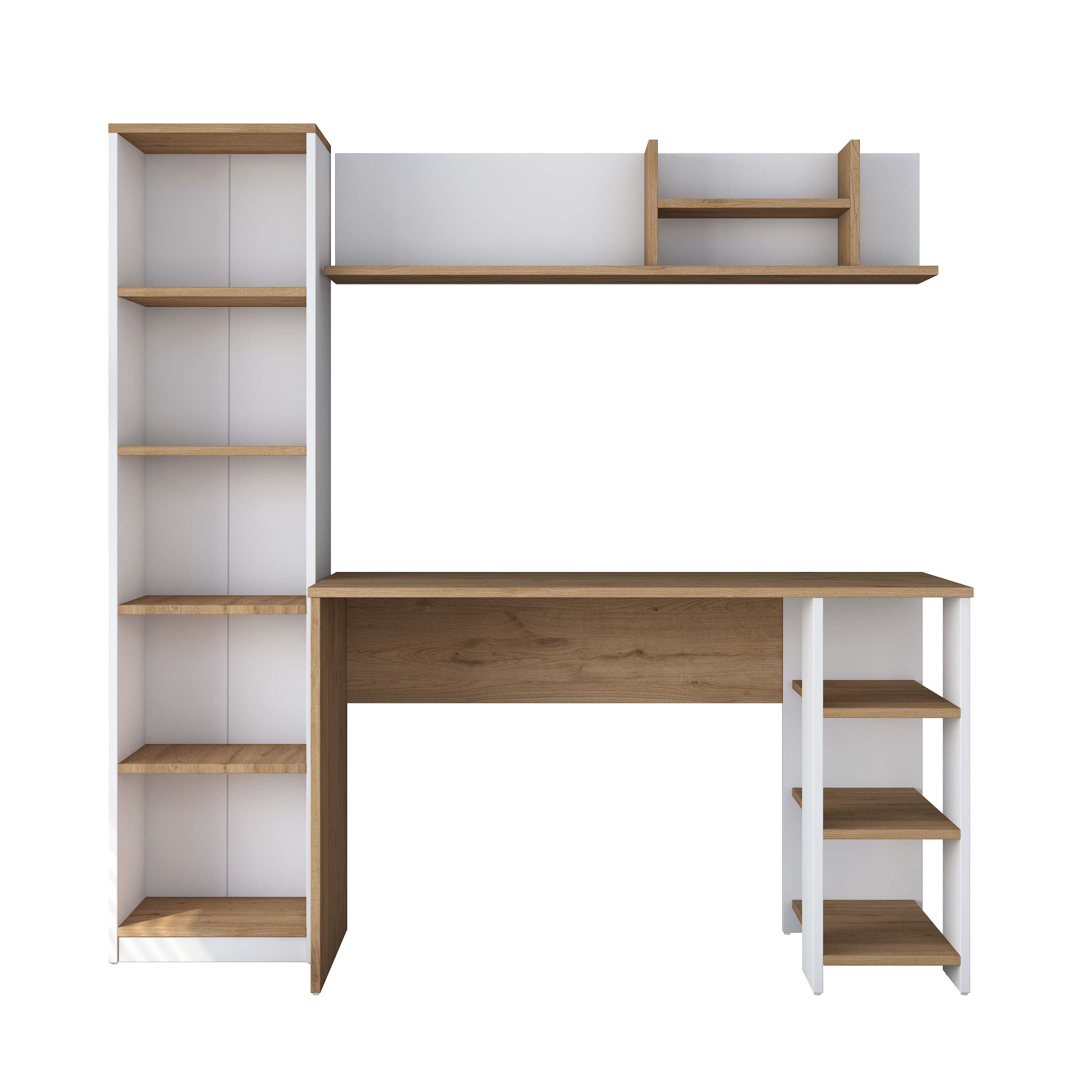 Rani HA125 Kitaplıklı Raflı Çalışma Ofis Bilgisayar Masası Sepet Ceviz - Beyaz