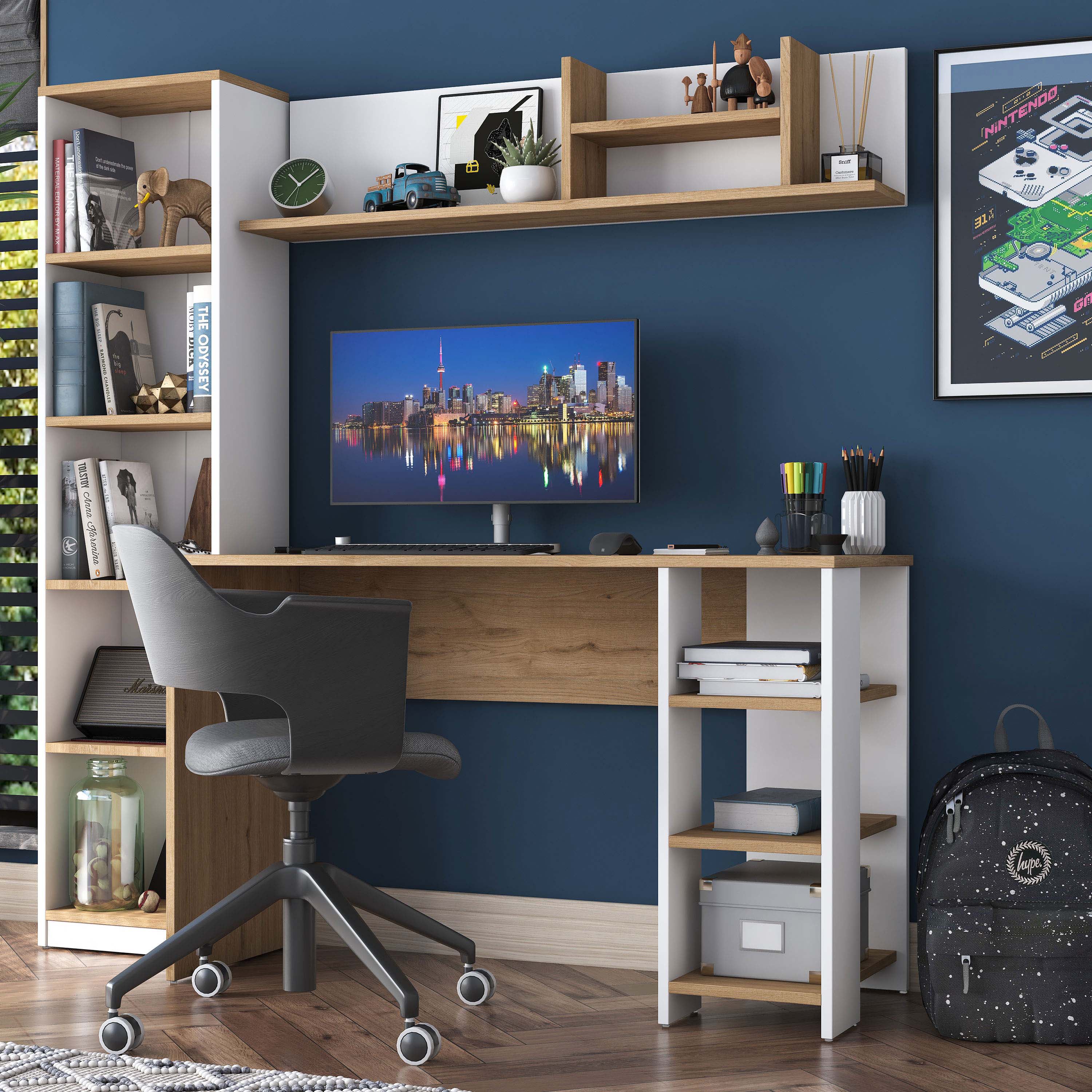 Rani HA125 Kitaplıklı Raflı Çalışma Ofis Bilgisayar Masası Sepet Ceviz - Beyaz