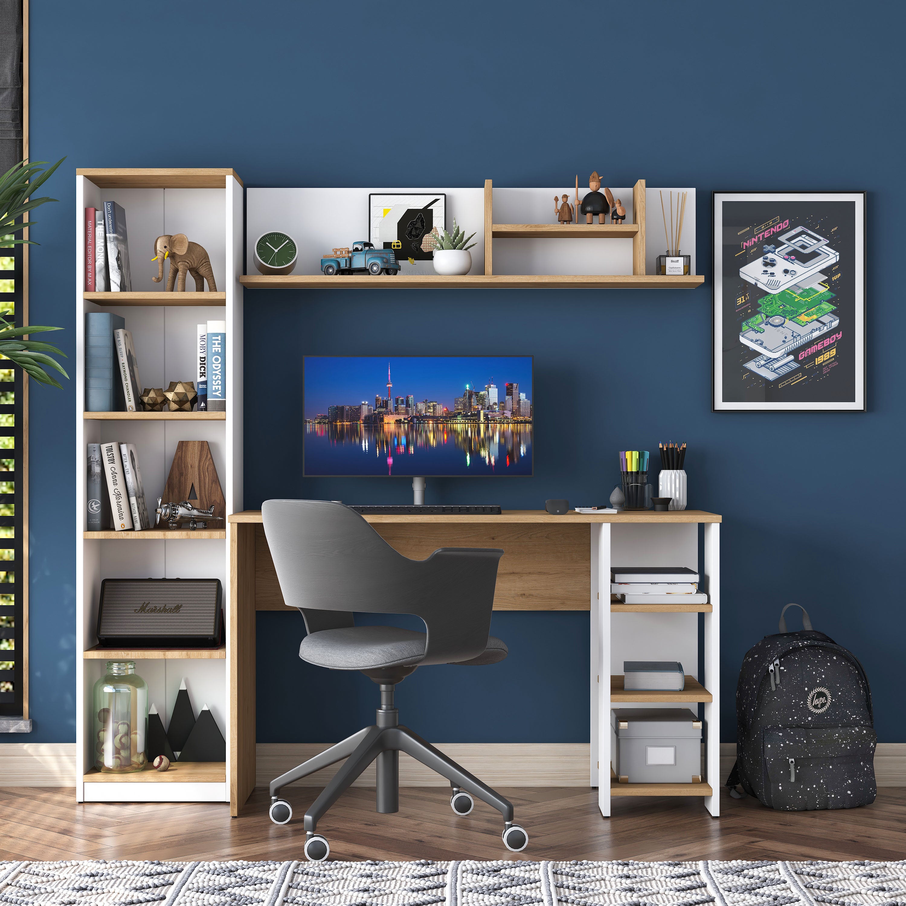 Rani HA125 Kitaplıklı Raflı Çalışma Ofis Bilgisayar Masası Sepet Ceviz - Beyaz