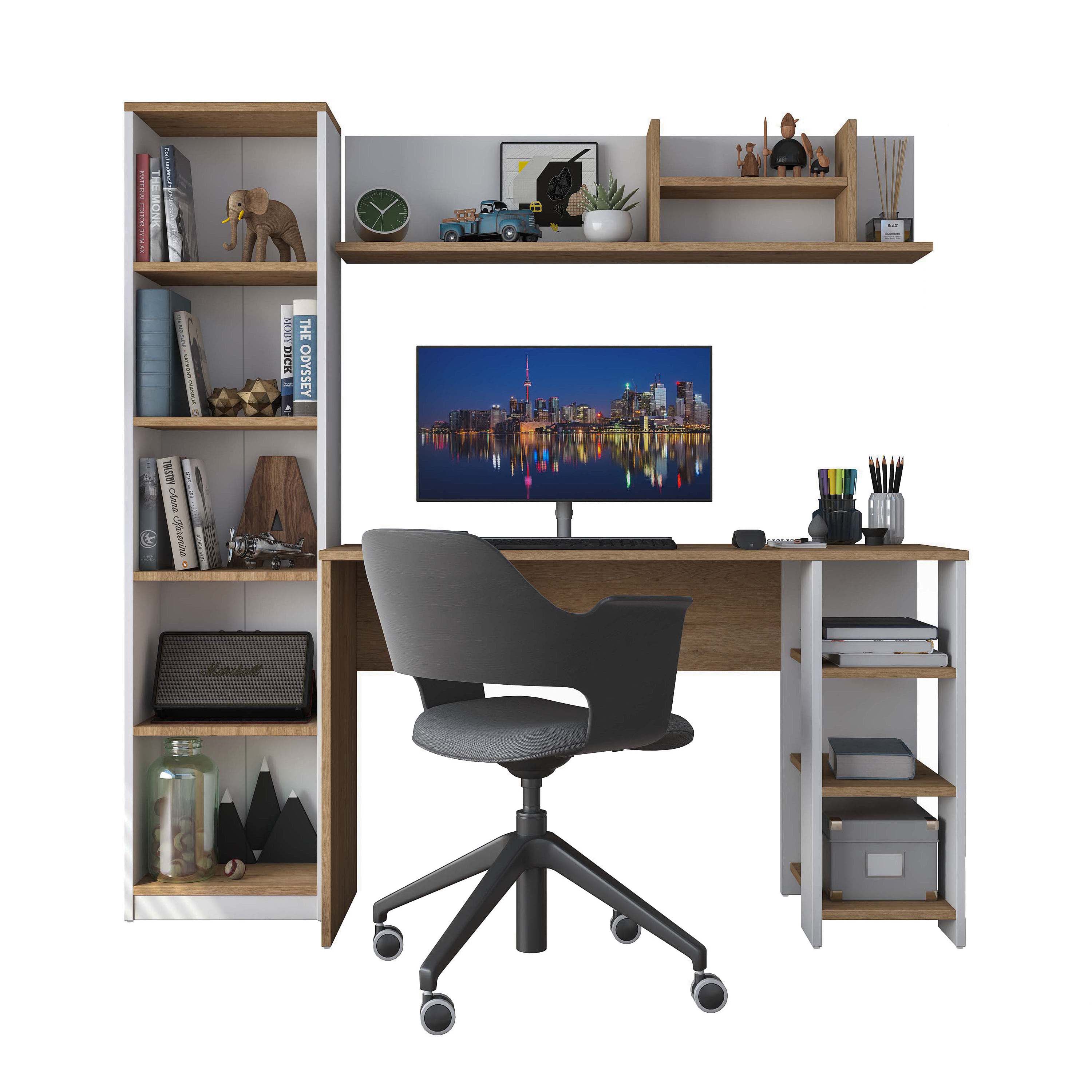 Rani HA125 Kitaplıklı Raflı Çalışma Ofis Bilgisayar Masası Sepet Ceviz - Beyaz