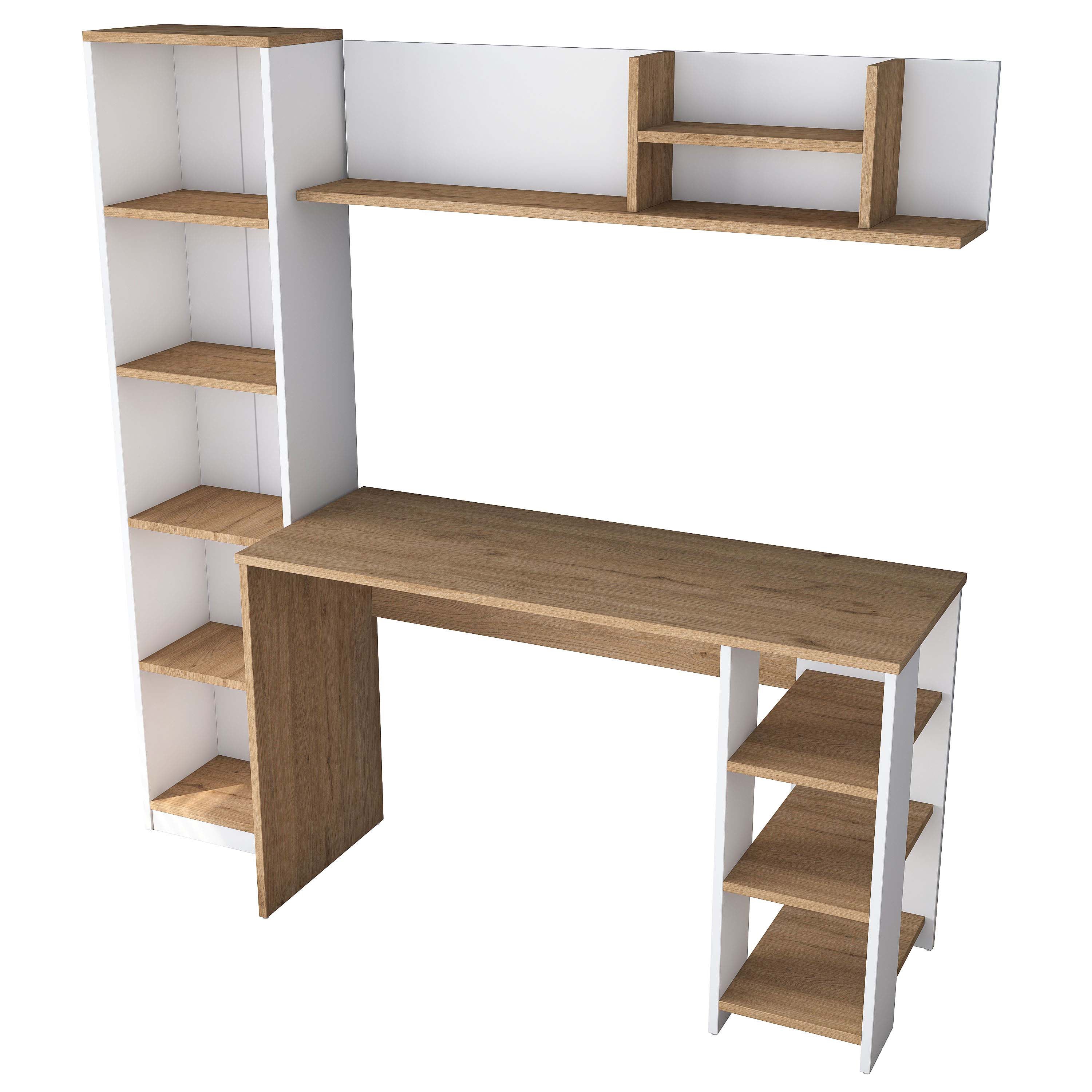 Rani HA125 Kitaplıklı Raflı Çalışma Ofis Bilgisayar Masası Sepet Ceviz - Beyaz