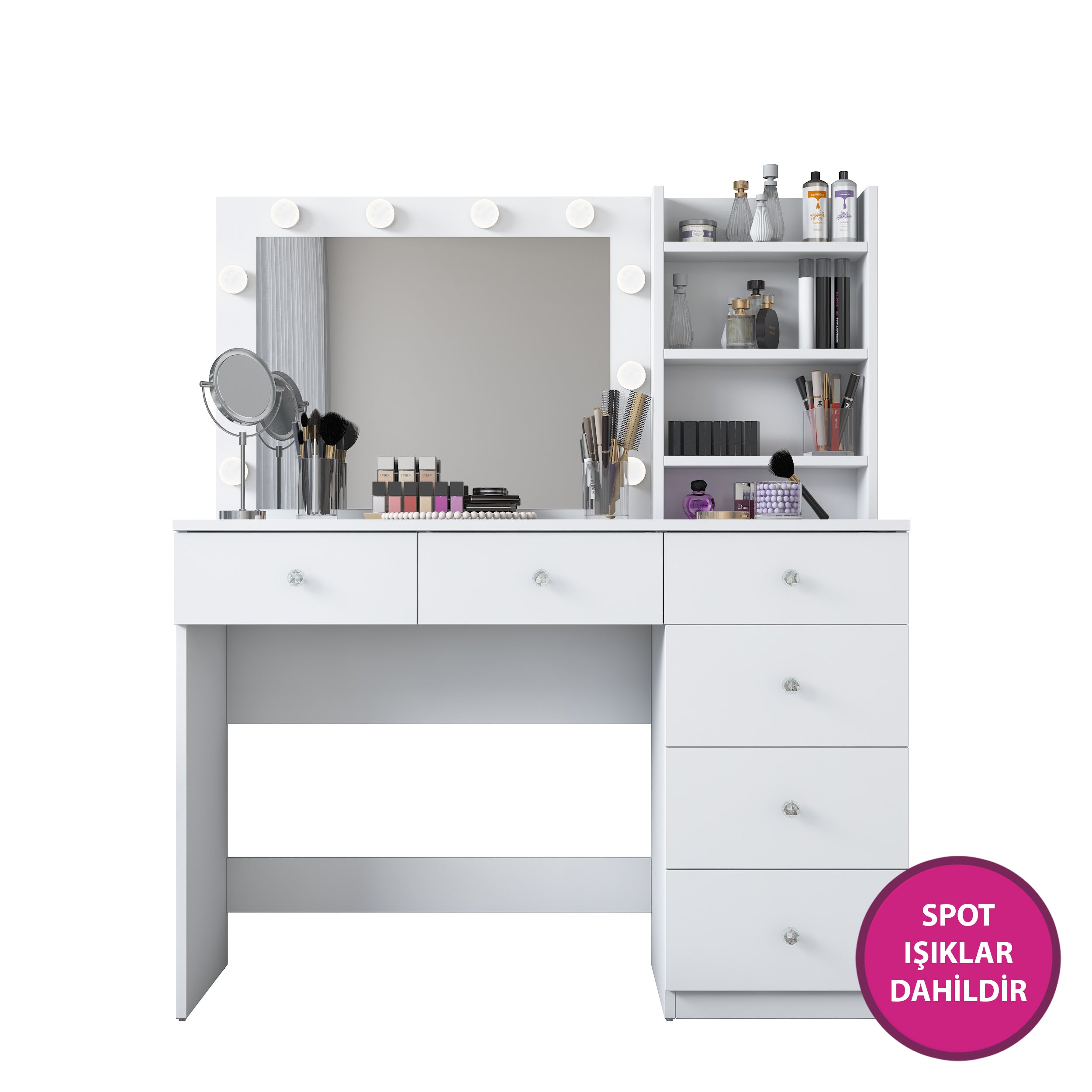 Rani BJ127 Hollywood Işıklı Aynalı Kulis Makyaj Masası 6 Çekmeceli Takı Düzenleyici Beyaz