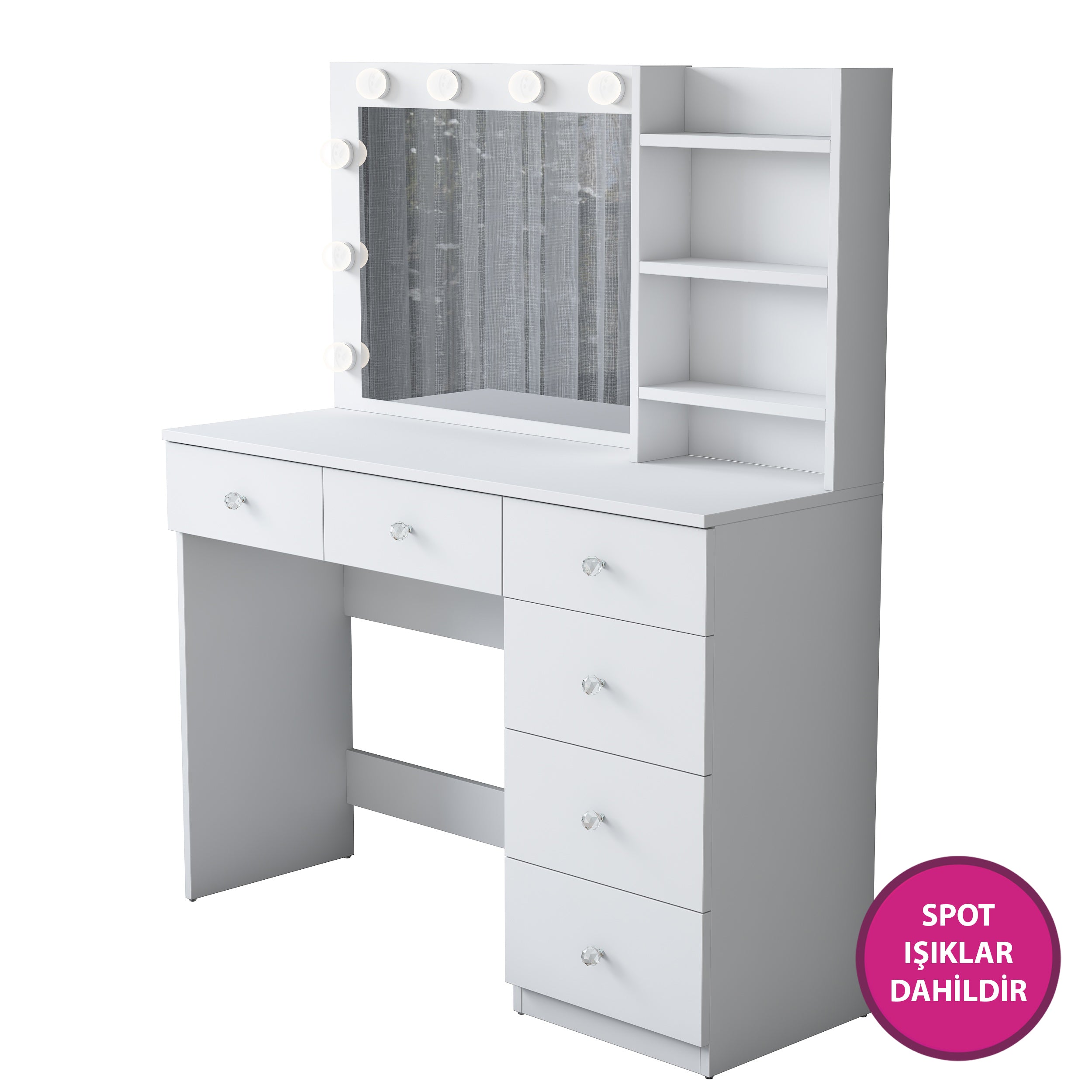 Rani BJ127 Hollywood Işıklı Aynalı Kulis Makyaj Masası 6 Çekmeceli Takı Düzenleyici Beyaz