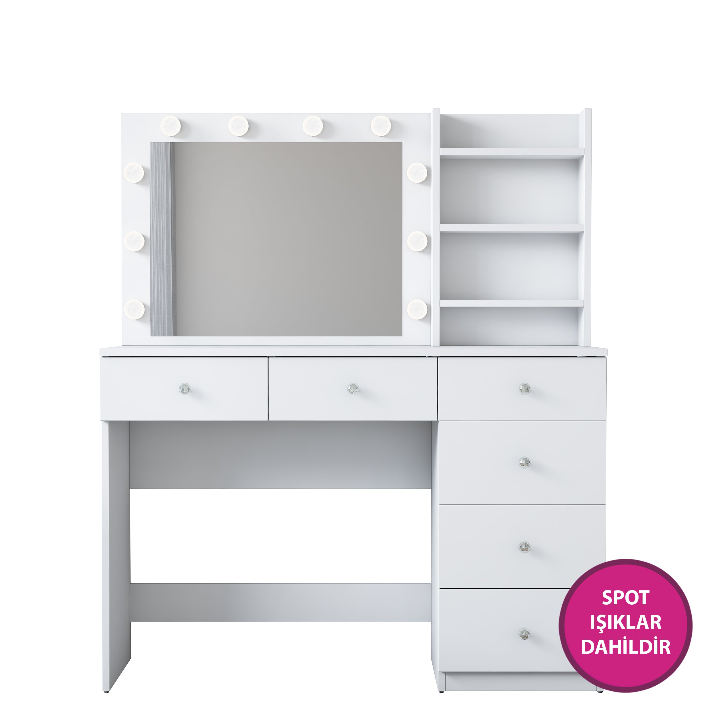 Rani BJ127 Hollywood Işıklı Aynalı Kulis Makyaj Masası 6 Çekmeceli Takı Düzenleyici Beyaz