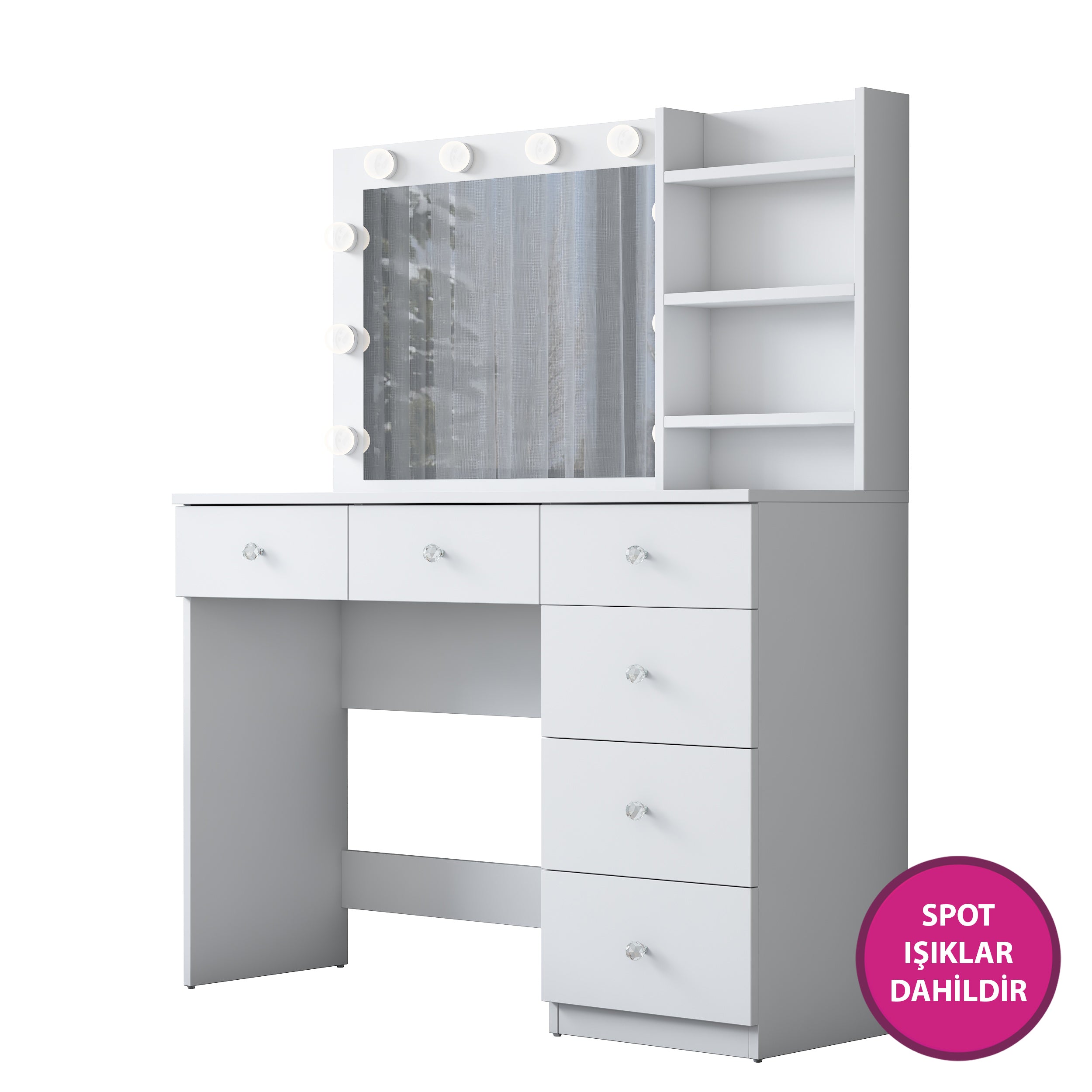 Rani BJ127 Hollywood Işıklı Aynalı Kulis Makyaj Masası 6 Çekmeceli Takı Düzenleyici Beyaz