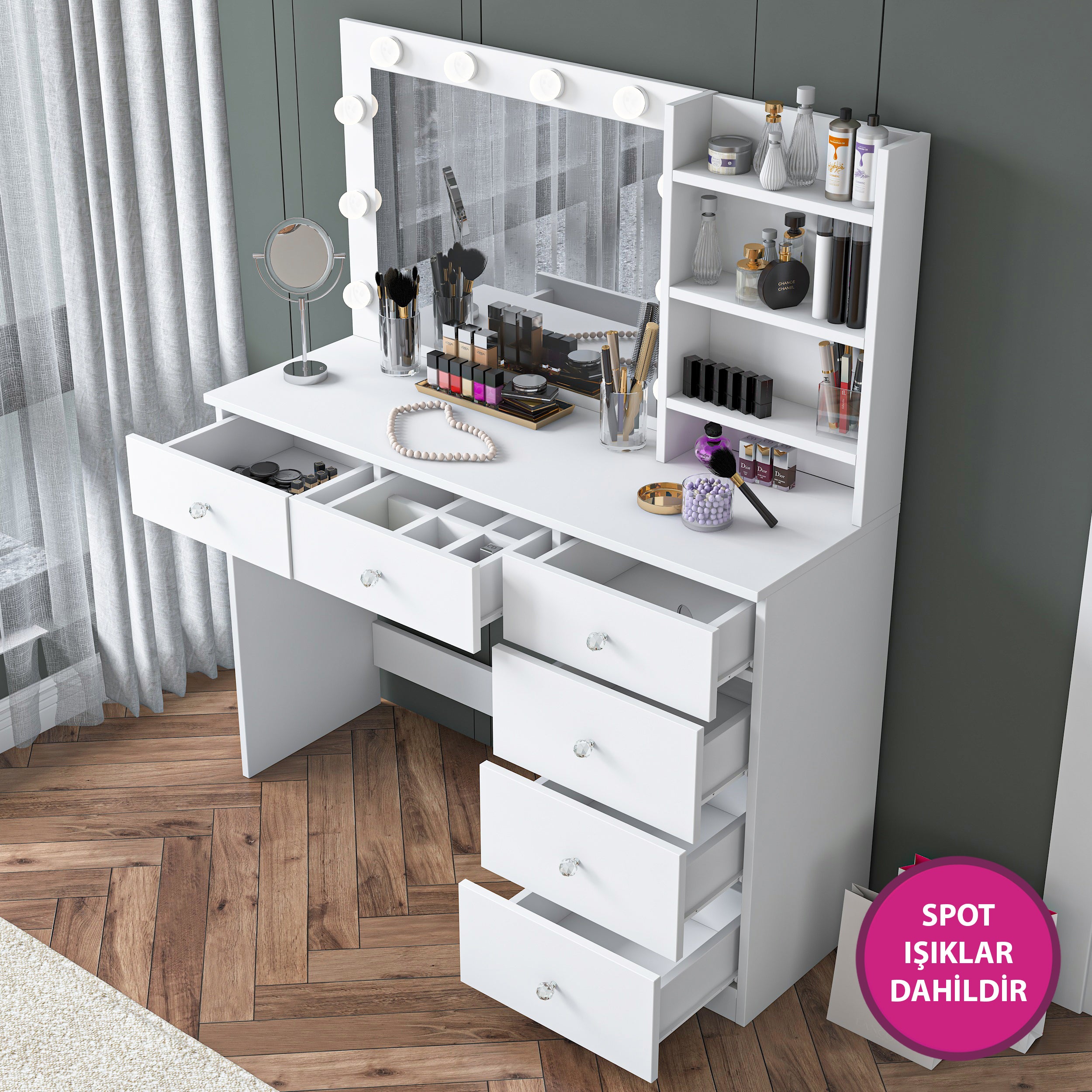 Rani BJ127 Hollywood Işıklı Aynalı Kulis Makyaj Masası 6 Çekmeceli Takı Düzenleyici Beyaz