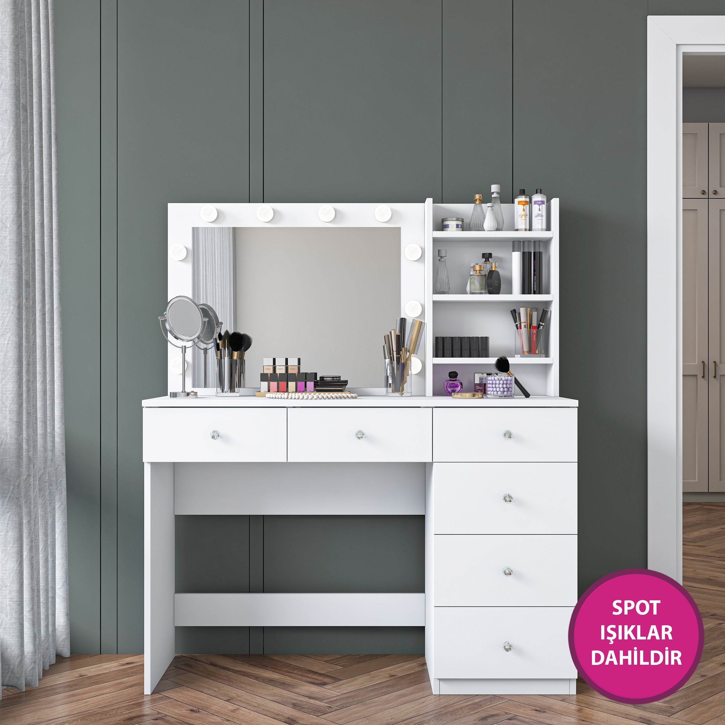 Rani BJ127 Hollywood Işıklı Aynalı Kulis Makyaj Masası 6 Çekmeceli Takı Düzenleyici Beyaz