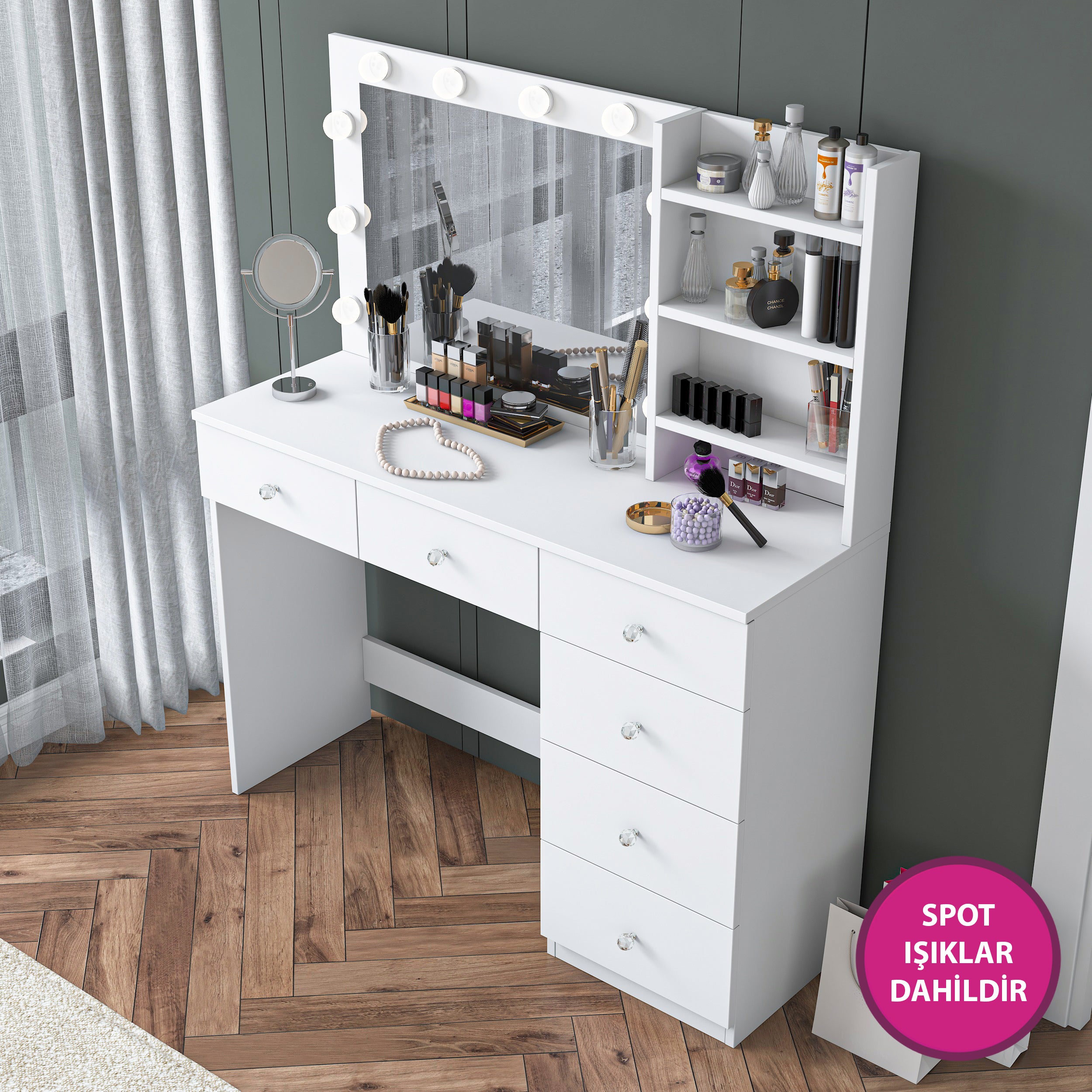 Rani BJ127 Hollywood Işıklı Aynalı Kulis Makyaj Masası 6 Çekmeceli Takı Düzenleyici Beyaz