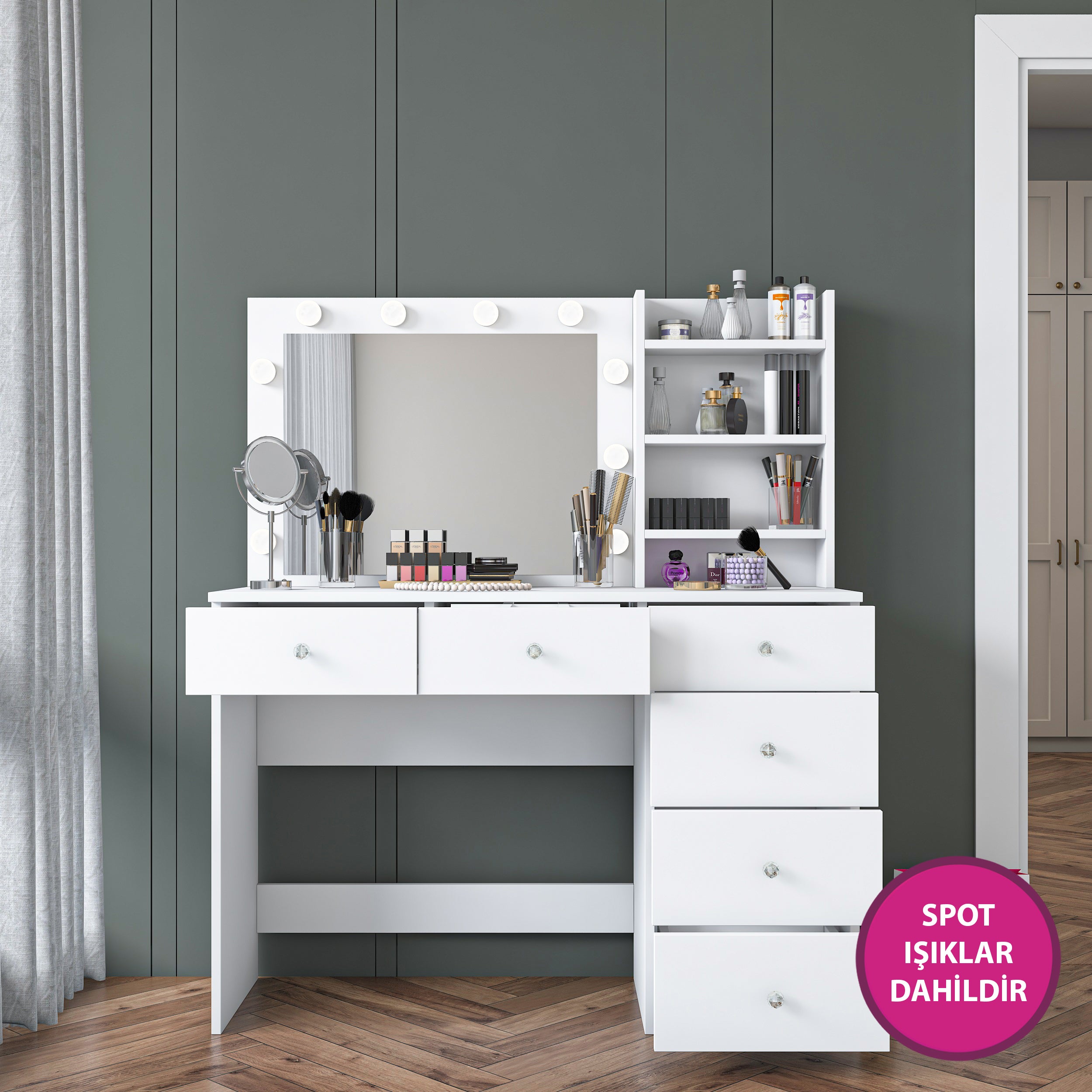 Rani BJ127 Hollywood Işıklı Aynalı Kulis Makyaj Masası 6 Çekmeceli Takı Düzenleyici Beyaz