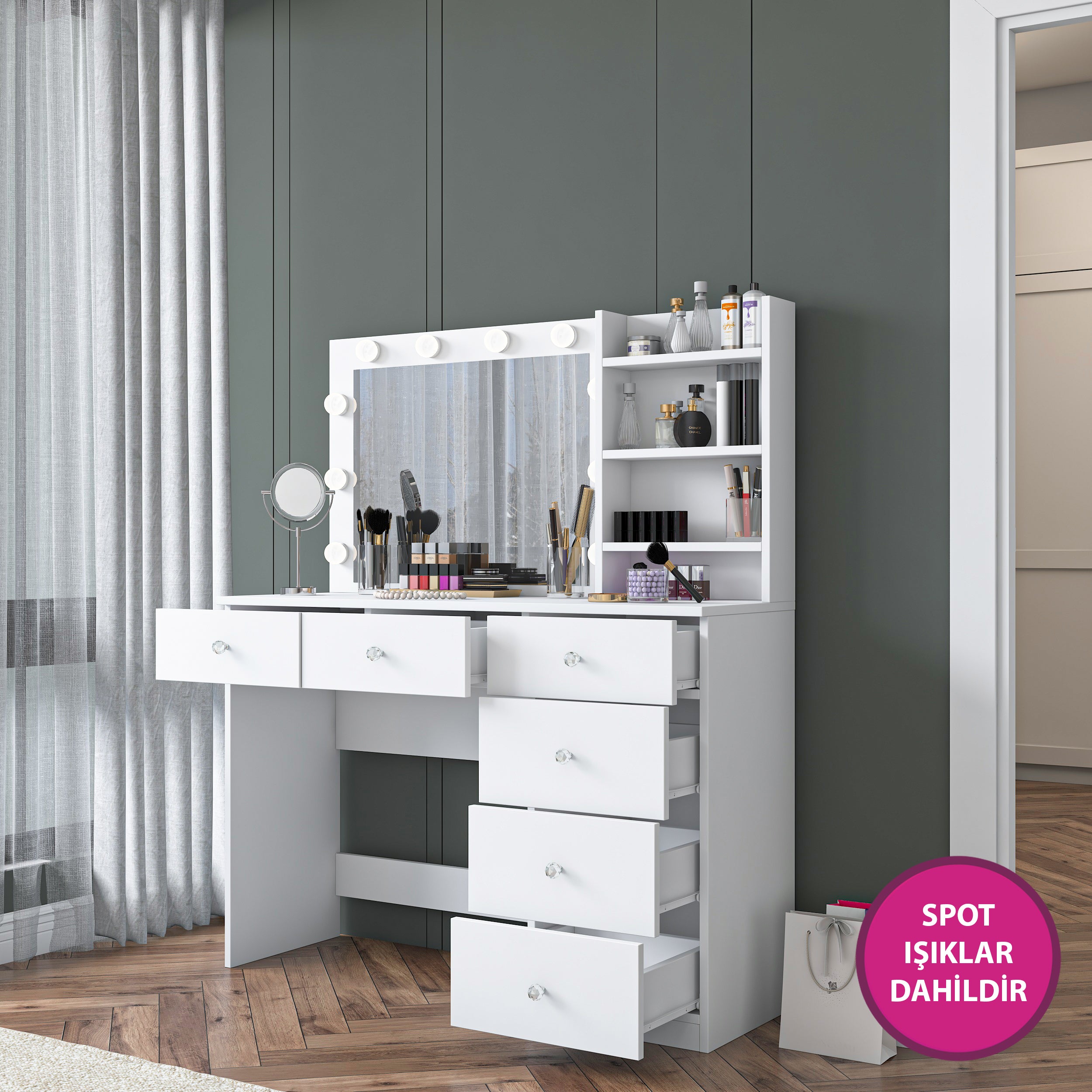Rani BJ127 Hollywood Işıklı Aynalı Kulis Makyaj Masası 6 Çekmeceli Takı Düzenleyici Beyaz