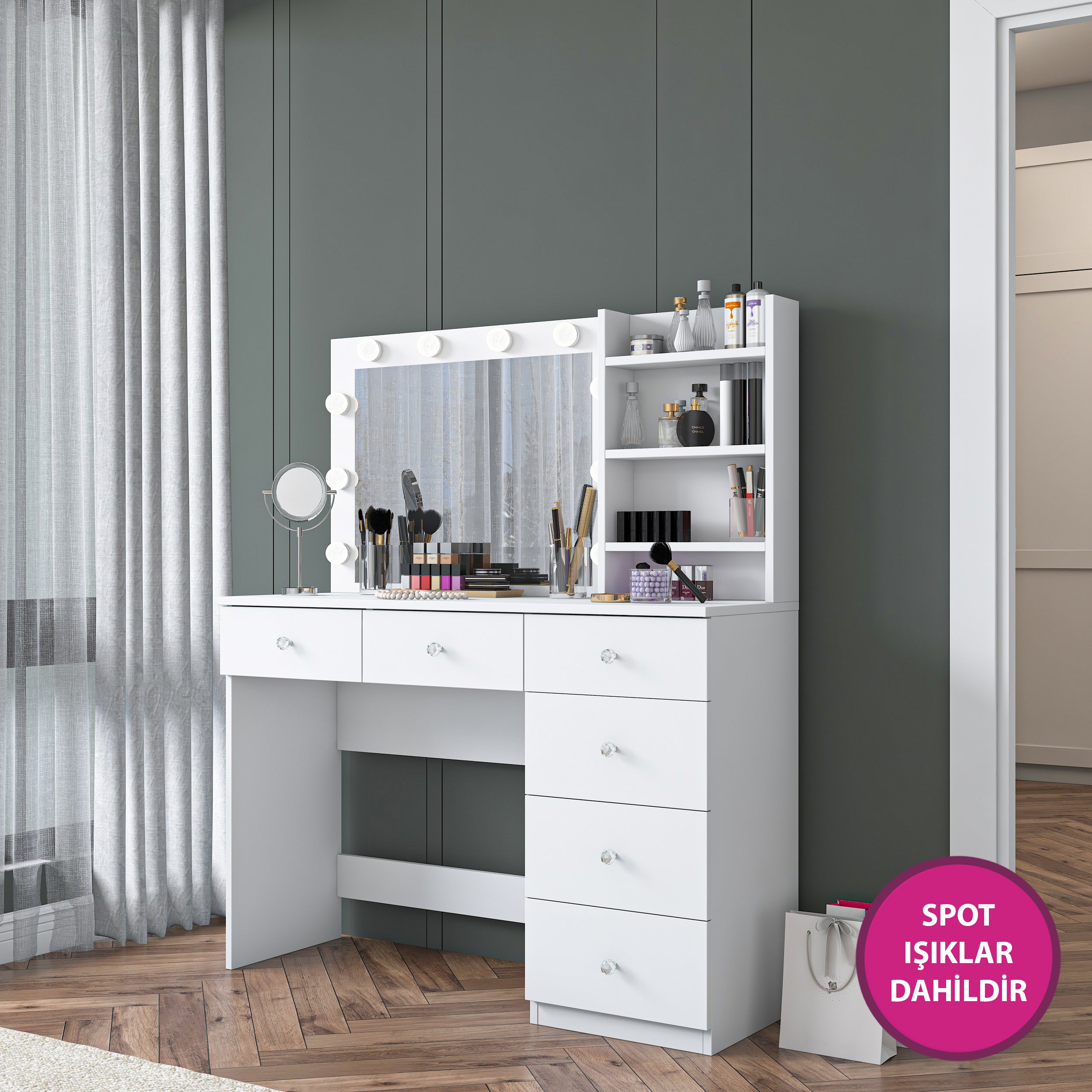 Rani BJ127 Hollywood Işıklı Aynalı Kulis Makyaj Masası 6 Çekmeceli Takı Düzenleyici Beyaz