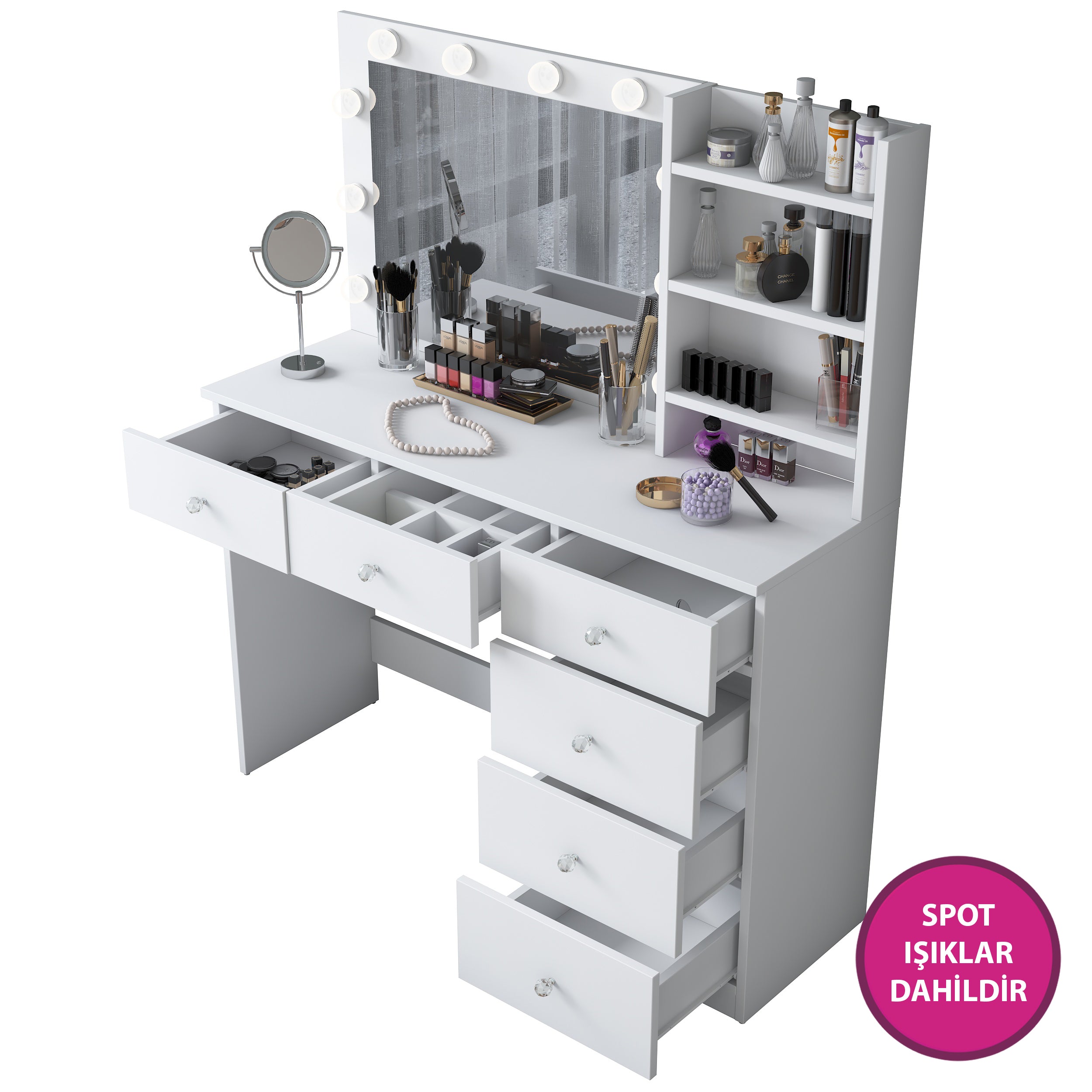 Rani BJ127 Hollywood Işıklı Aynalı Kulis Makyaj Masası 6 Çekmeceli Takı Düzenleyici Beyaz