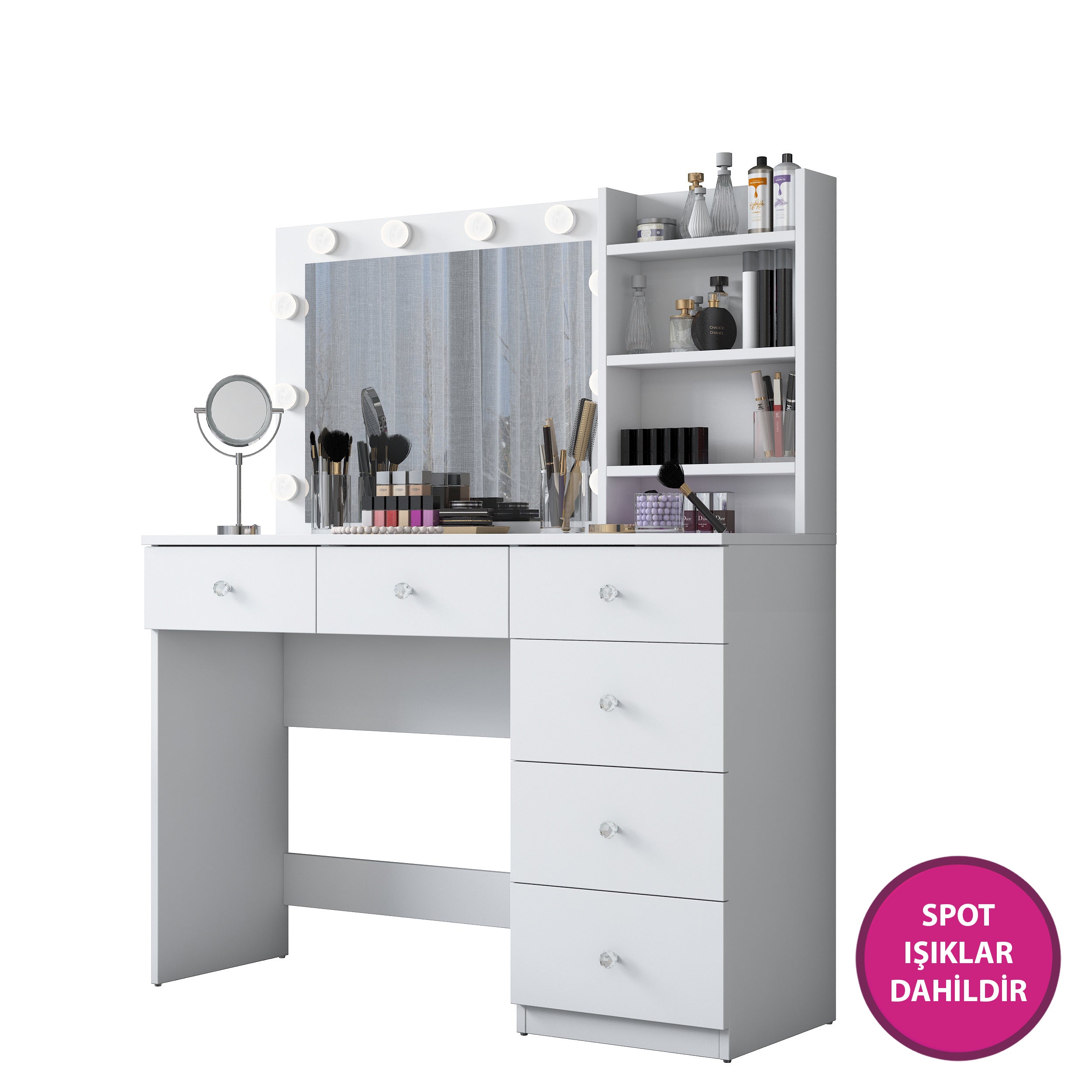 Rani BJ127 Hollywood Işıklı Aynalı Kulis Makyaj Masası 6 Çekmeceli Takı Düzenleyici Beyaz