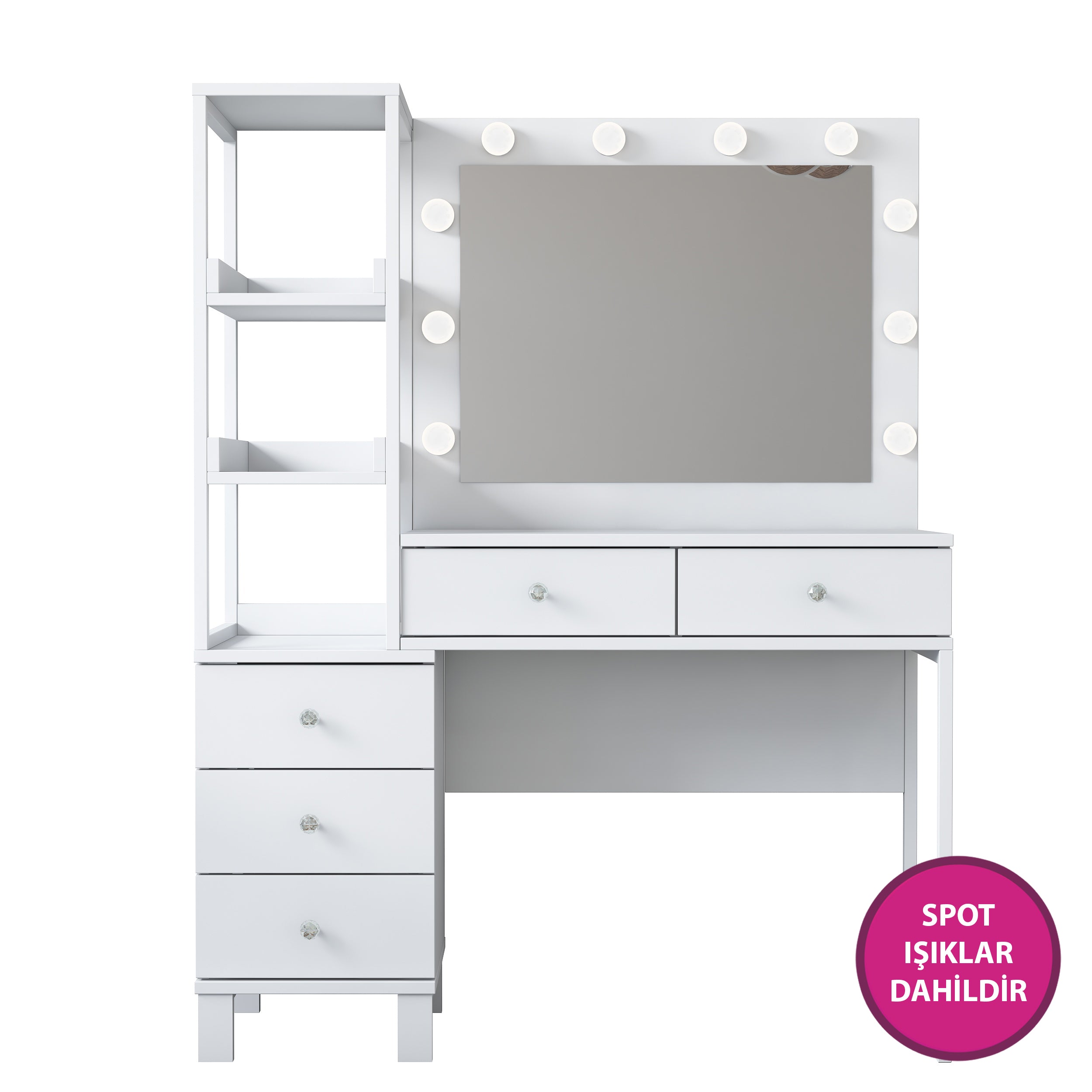 Rani BJ128 Hollywood Işıklı Aynalı Kulis Makyaj Masası 5 Çekmeceli Raflı Takı Düzenleyici Beyaz