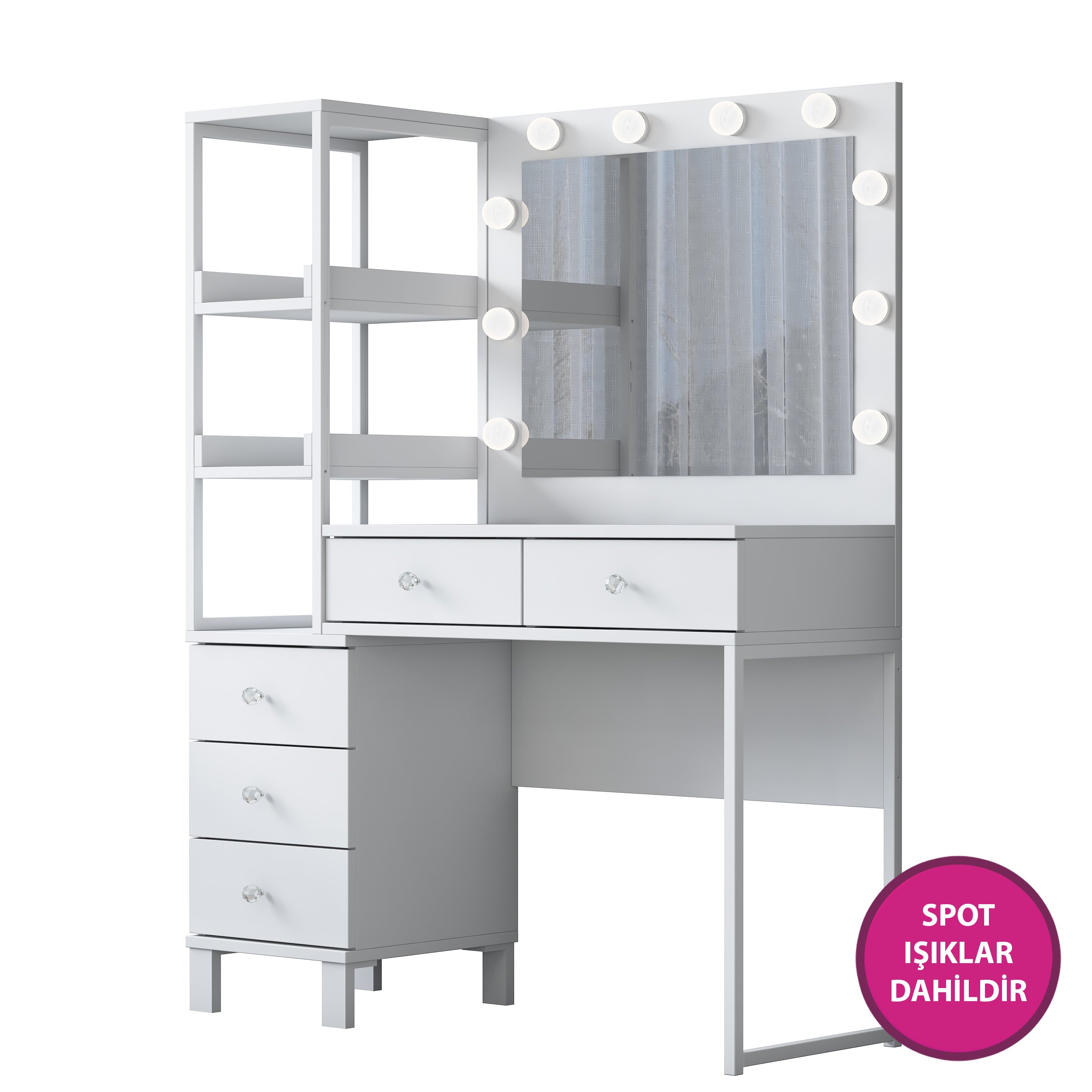 Rani BJ128 Hollywood Işıklı Aynalı Kulis Makyaj Masası 5 Çekmeceli Raflı Takı Düzenleyici Beyaz