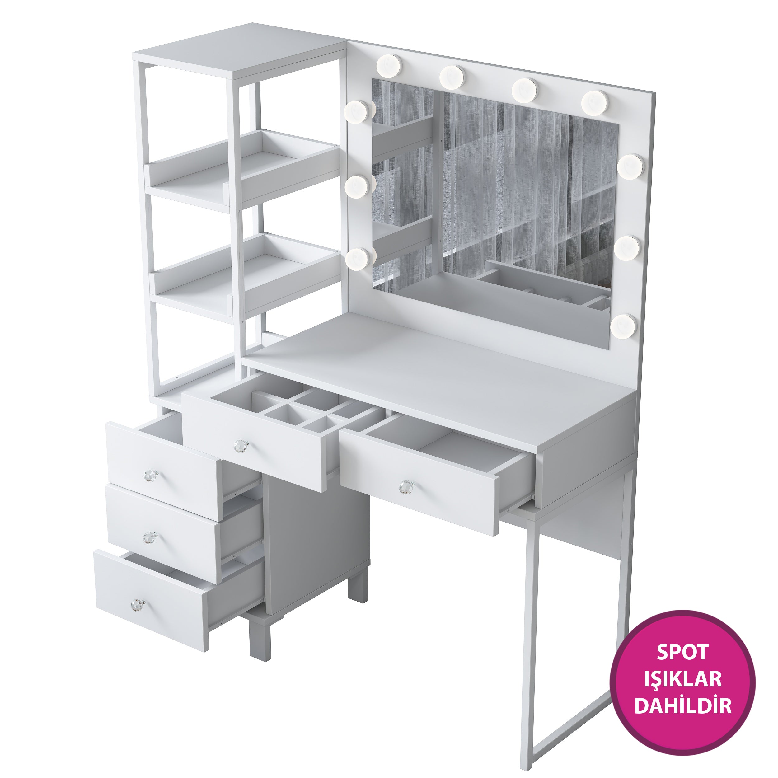 Rani BJ128 Hollywood Işıklı Aynalı Kulis Makyaj Masası 5 Çekmeceli Raflı Takı Düzenleyici Beyaz